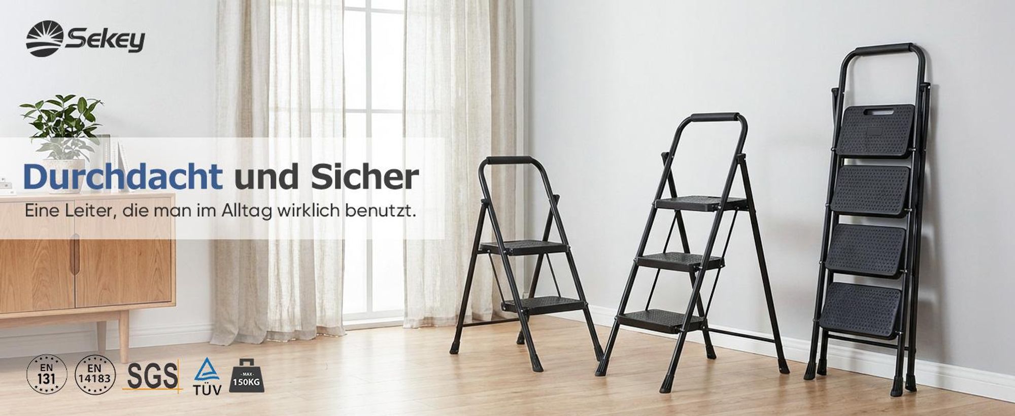 Sekey Trittleiter 2 Stufen Klappbar – Rutschsichere 36 cm XXL Trittstufen, bis 150 kg