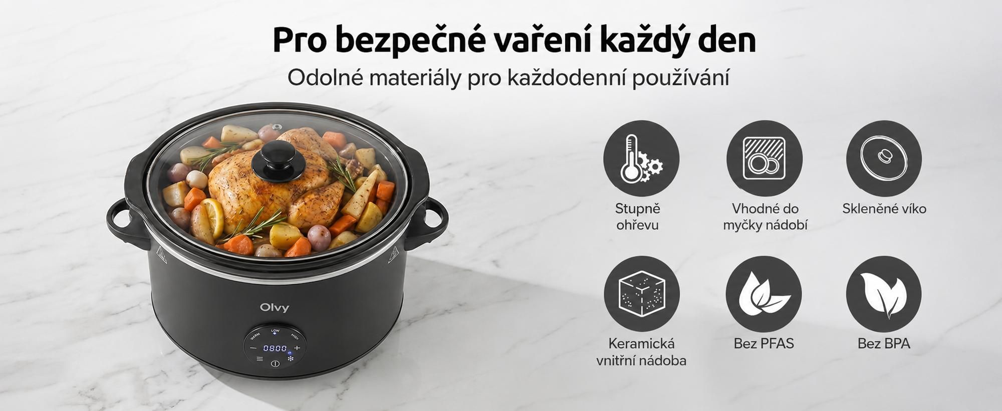 Digitální pomalý hrnec Olvy s časovačem – 6 litrů, šetrné vaření – keramický vnitřní hrnec – včetně kuchařky