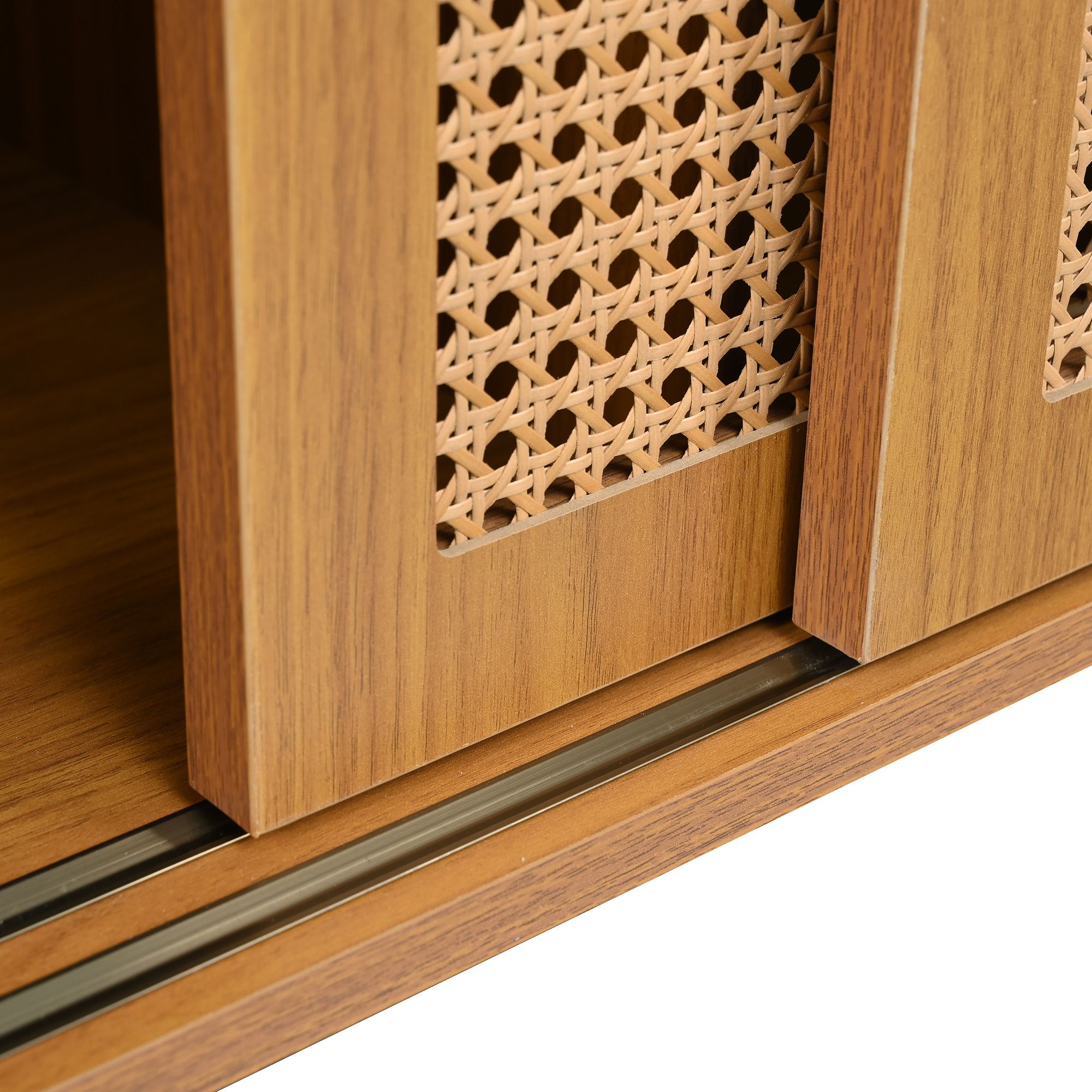 Flieks Rattan Kommode Sideboard mit 2 Schiebetüren, Wohnzimmerschrank Aufbewahrungsschrank Beistellschrank mit Verstellbaren Ablagen, Braun, 100x37x90