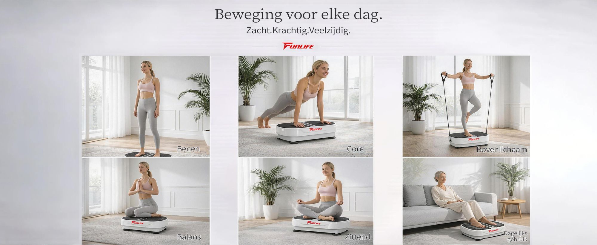 FunLife V6 trillingsplatform – 120 intensiteitsniveaus, 5 programma's, met weerstandsbanden & Bluetooth, stil fitnessplatform voor thuisgebruik, geschikt tot 120 kg