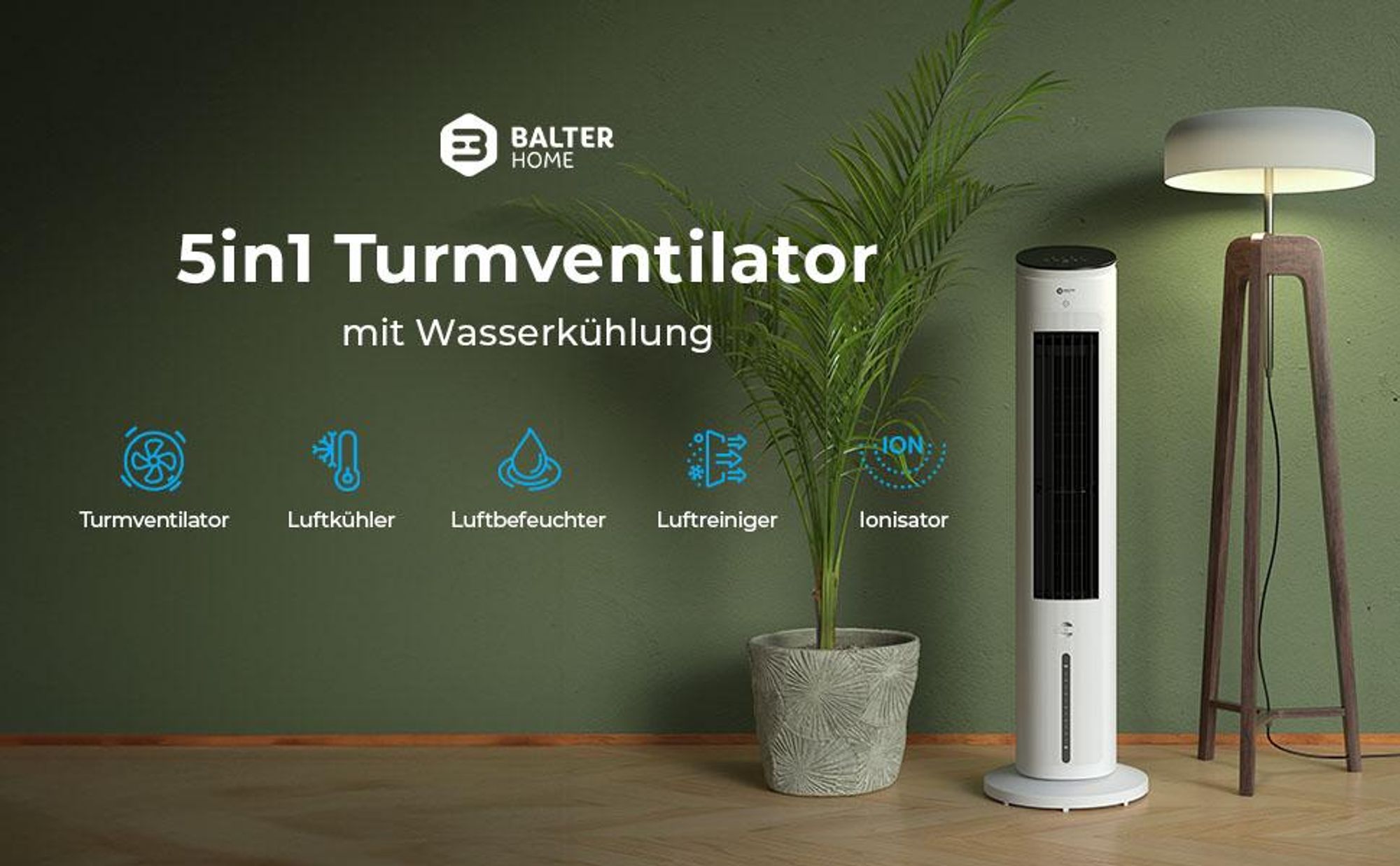 Balter 5in1 Turmventilator mit Fernbedienung, Leiser Standventilator, Wasserkühlung, Oszillation, Luftbefeuchter, Luftreiniger, Ionisator, Timer, weiß