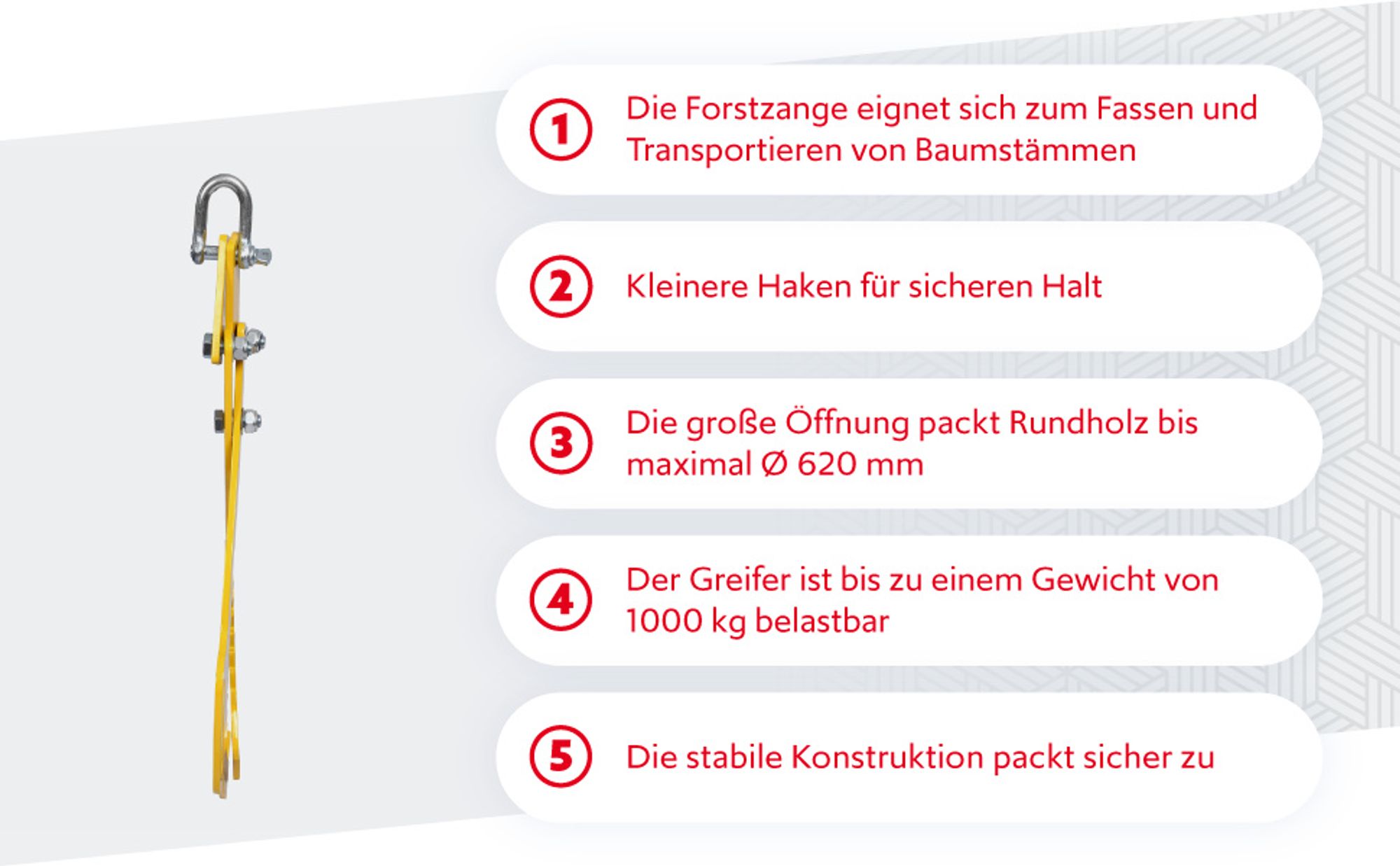 Wiltec Forstzange für Baumstämme bis 620 mm, 1000 kg Zugkraft, Holzzange Hebezange Packzange mit 2 Klemmdornen