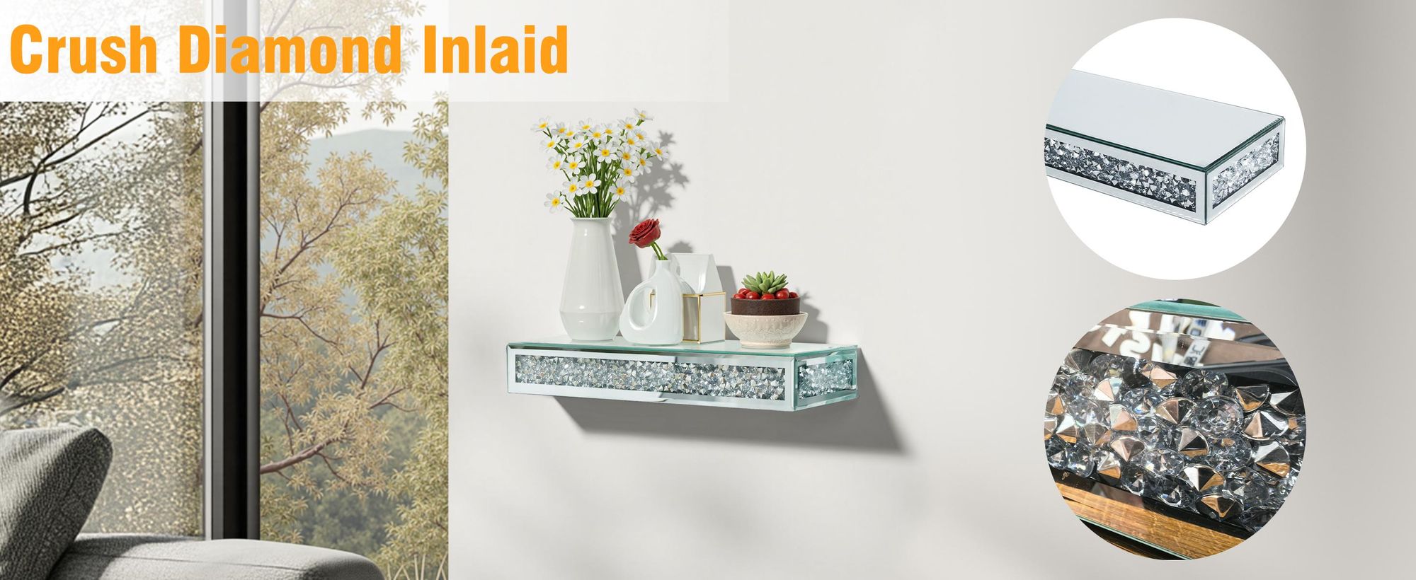 WISFOR kristall Dekoratives Wandregal 38x15x6cm Glasregal mit Kristall-Diamanten Schweberegal für Büro Wohnzimmer Schlafzimmer