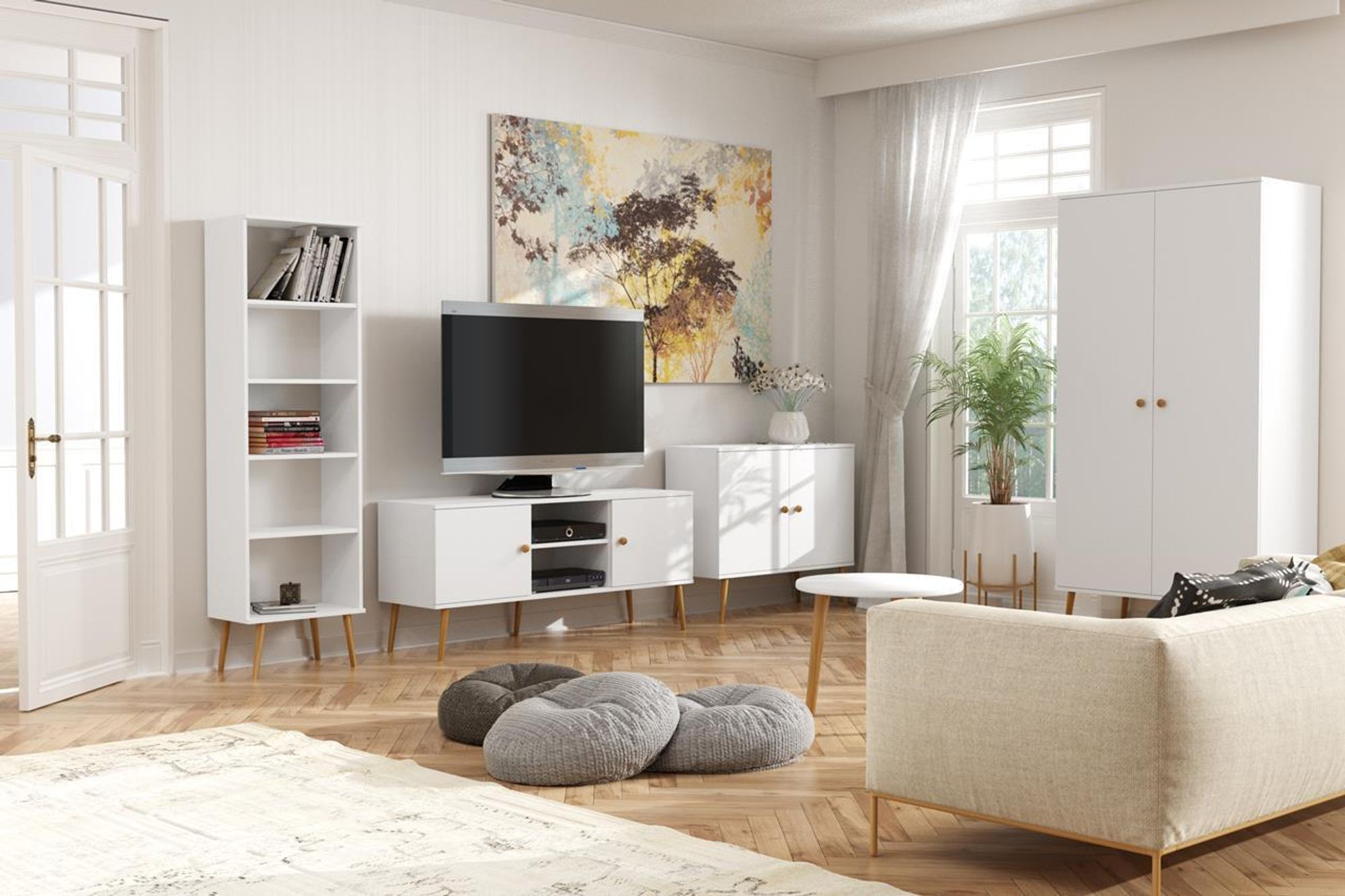 BETTSO Couchtisch Kaffeetisch Wohnzimmertisch runder Tisch auf drei Holzbeinen Beistelltisch für das Wohnzimmer 60 x 49 cm IKON Weiß