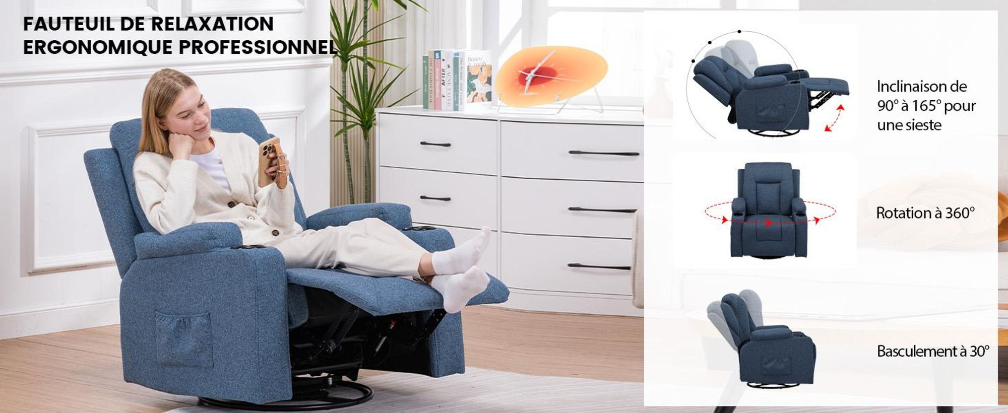COMHOMA Fauteuil de relaxation Fauteuil TV en tissu avec fonction chaise longue Fauteuil TV réglable, Recliner Chair, bleu-tissu