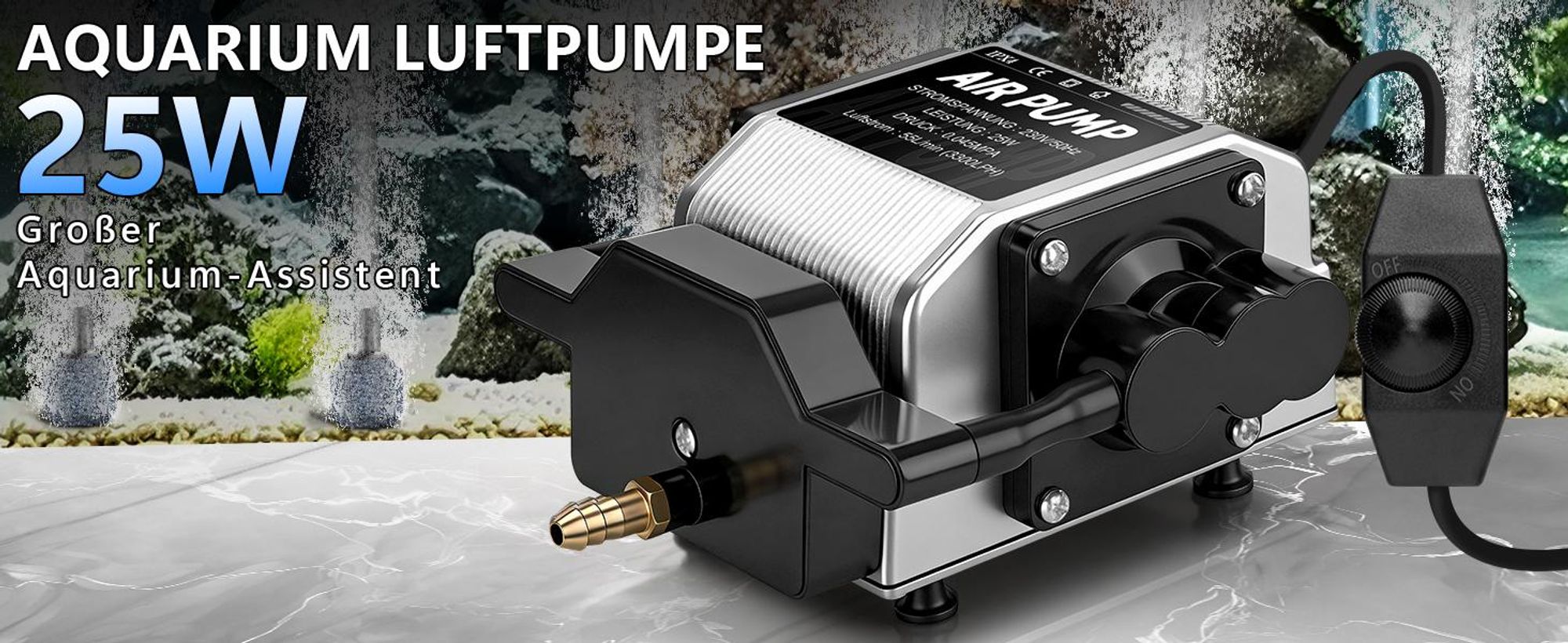 25W 3300L/H Alu Luftpumpe Aquarium Sauerstoffpumpe, 45kPa 6 Luftstein + 6 Ausgänge Mit Kupfermotor, Regelbare Teichbelüfter für Gartenteiche Aufzucht
