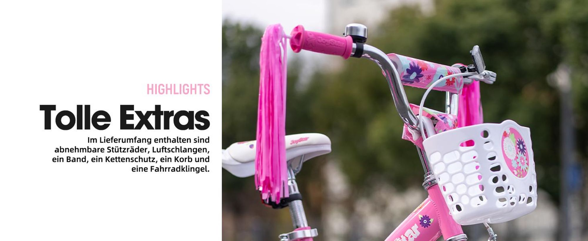 JOYSTAR Mädchenfahrrad Kinderfahrrad 12/14/16 Zoll mit abnehmbaren Stützrädern, Korb, Fahnenbändern, Doppelbremse & verstellbarem Sattel 2–7 Jahre