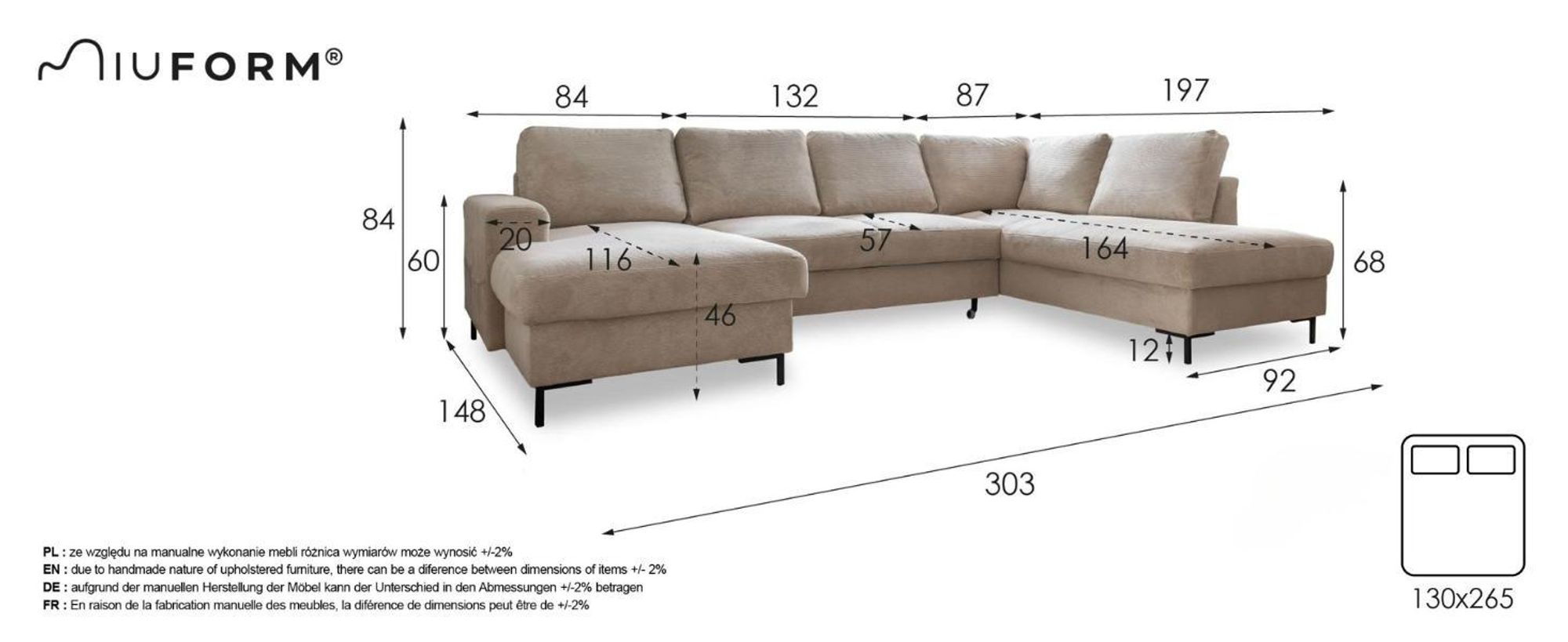 MIUFORM Lofty Lilly - Ecksofa mit Bettfunktion und Bettkasten U-FORM RECHTS - 303 x 197 cm - Beige - Sofa Schlafsofa Couch