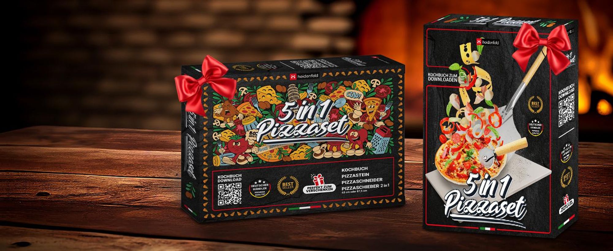 Heidenfeld 5in1 Pizza-Set | Pizzastein für Backofen, Gasgrill, Holzkohlegrill - 2in1 Pizzaschieber - Pizzaschneider - Holzgriffe - Pizza-Zubehör