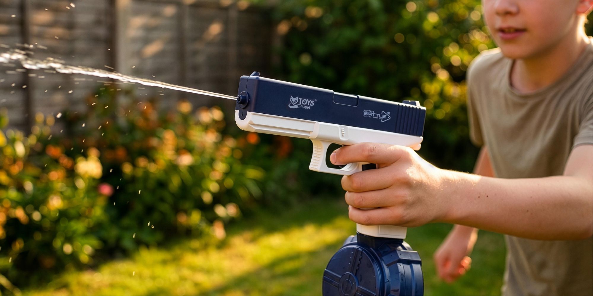 EVI TOYS AQUA GLOCK Automatische Elektrische Wasserpistole, 10m Reichweite, Akku, 2 Magazine (60ml/500ml), Sommer Wasserspielzeug, Weiß-Blau