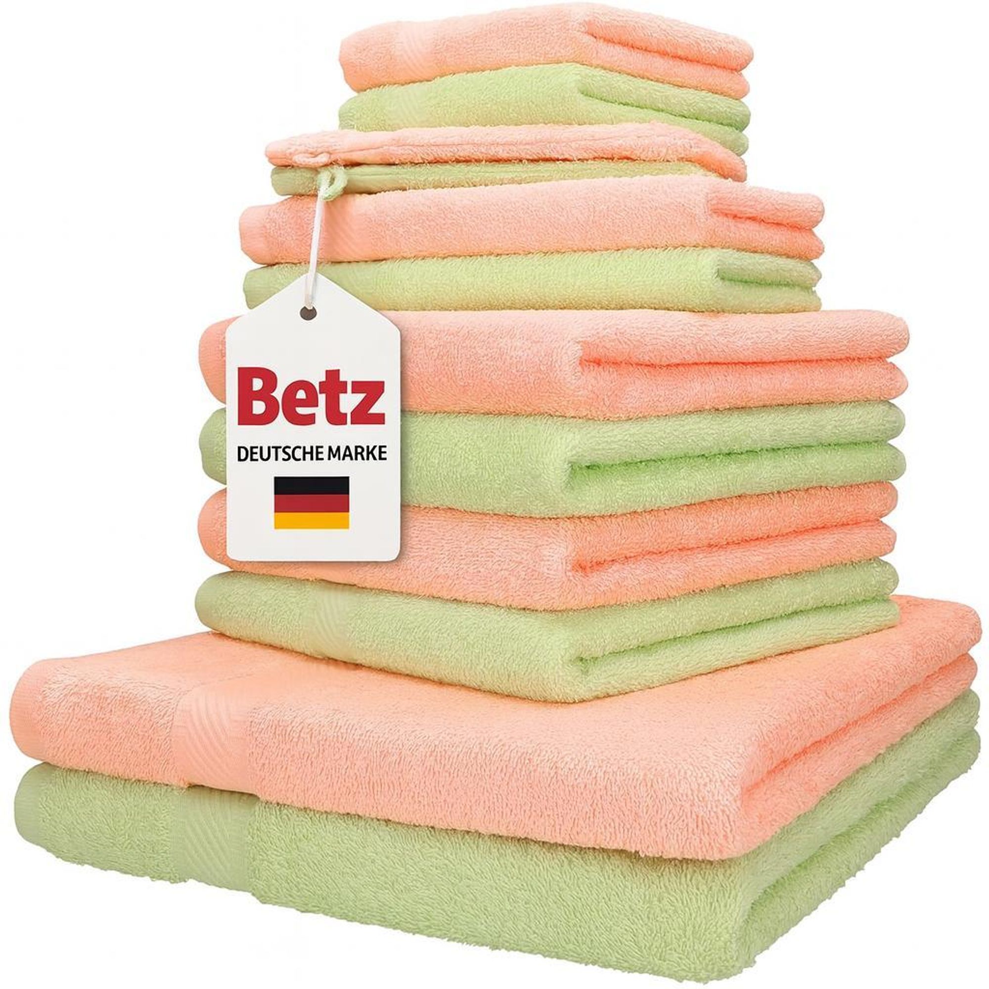 Betz 12-TLG. Handtuch-Set Palermo 100% Baumwolle 2 Liegetücher 4 Handtücher 2 Gästetücher 2 Seiftücher 2 Waschhandschuhe Farbe apricot und grün