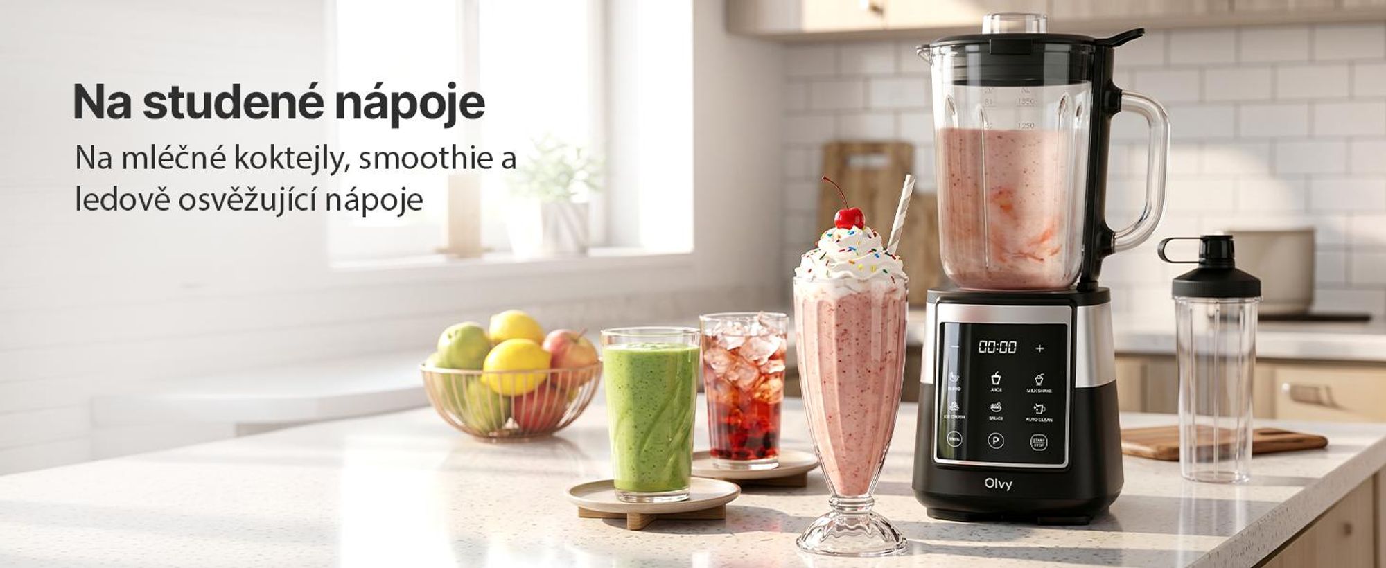 Mixér Olvy, 1,5litrová skleněná nádoba s 600ml kelímkem z materiálu Tritan, dotykový ovládací panel, funkce pulzního režimu a automatického čištění, výroba smoothie a drcení ledu