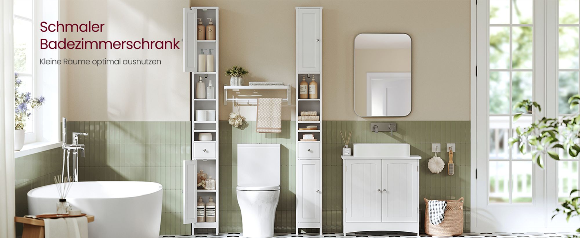 VASAGLE Badezimmerschrank, Badschrank, hoch, schmaler Aufbewahrungsschrank, mit verstellbaren Ablagen, Schublade, offenen Fächern