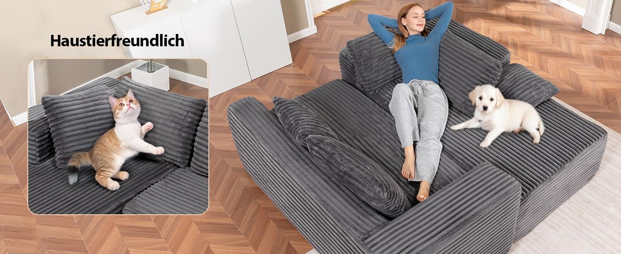 COMHOMASofa Big-Sofa, L-förmige Sofa, Couch Ecksofa, Chaiselongue Schlafsofa mit tiefer Sitzfläche und breiten Armlehnen, Cordstoff dunkelgrau-L