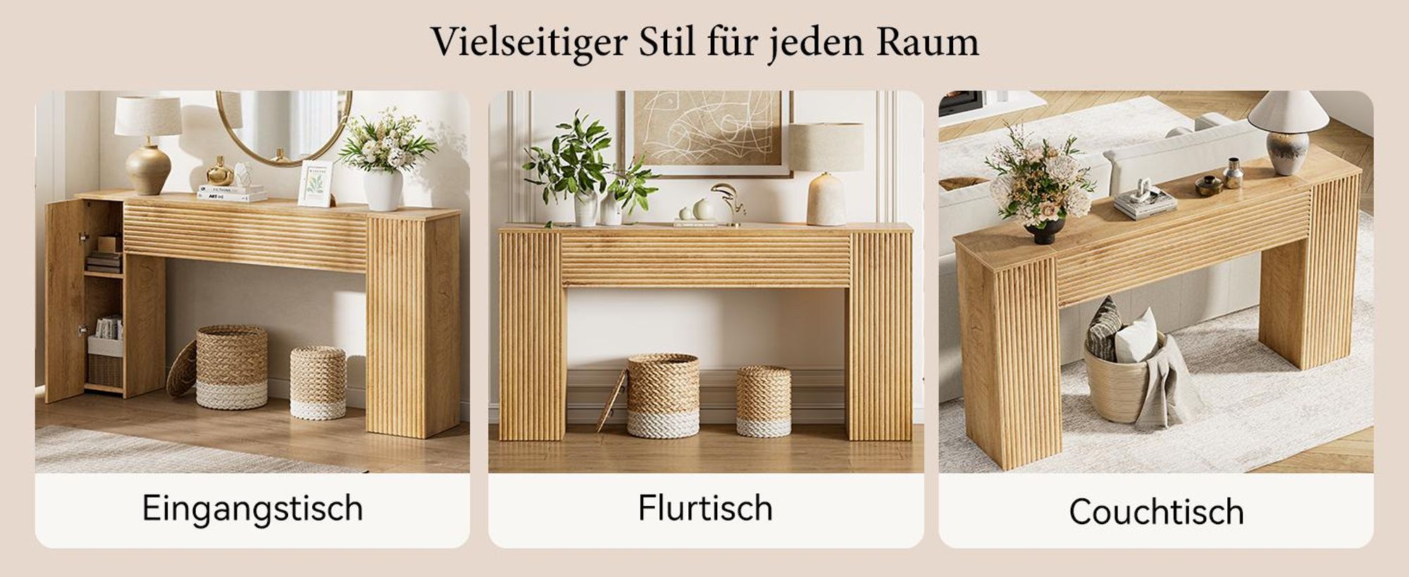 FABATO 155 cm gewellte Konsole mit 2 versteckten Stauraumfächern – schmale Sofatisch in Holzoptik für die Wand, Einstiegs- & Flurtisch für Wohnzimmer