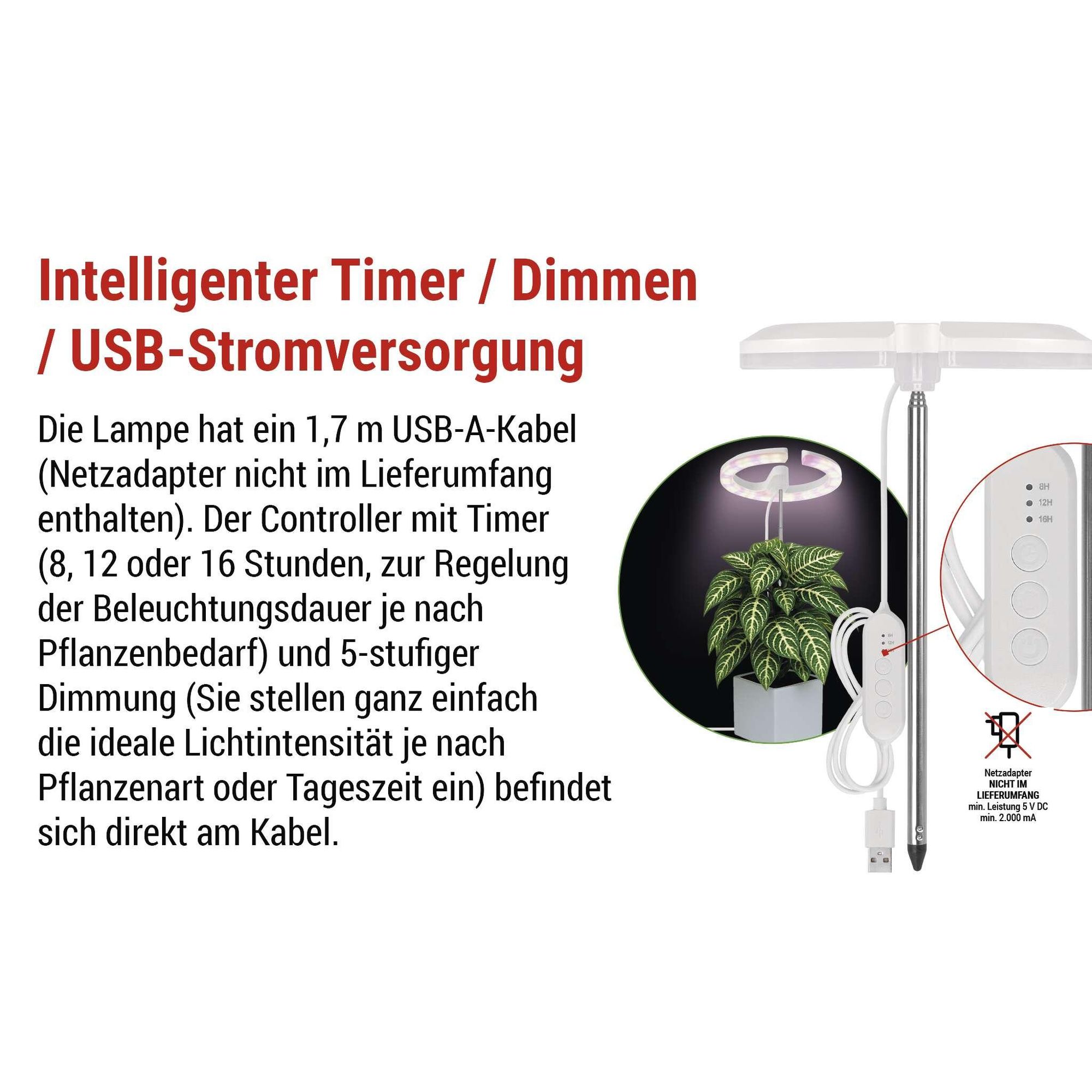 EMOS LED-Grow-Lampe für Zimmerpflanzen und Sukkulenten, runde Wachstumslampe für Orchideen mit Timer, höhenverstellbar, 300lm, 1,7m USB-Kabel, Z7902