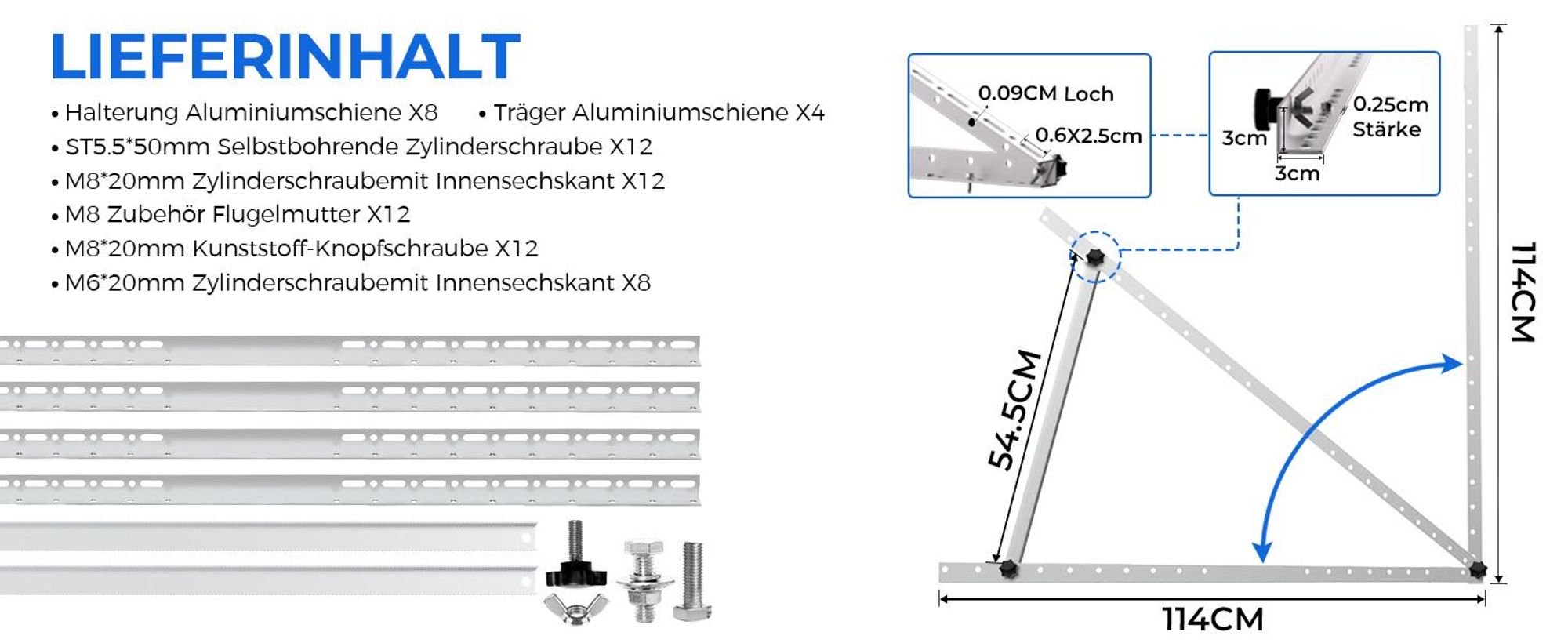 2 Paar 114 cm Solarpanel Halterung Flachdach Solarmodul Balkonkraftwerk Halterung für Dachhalterungen, Pv Modul Solarmodule