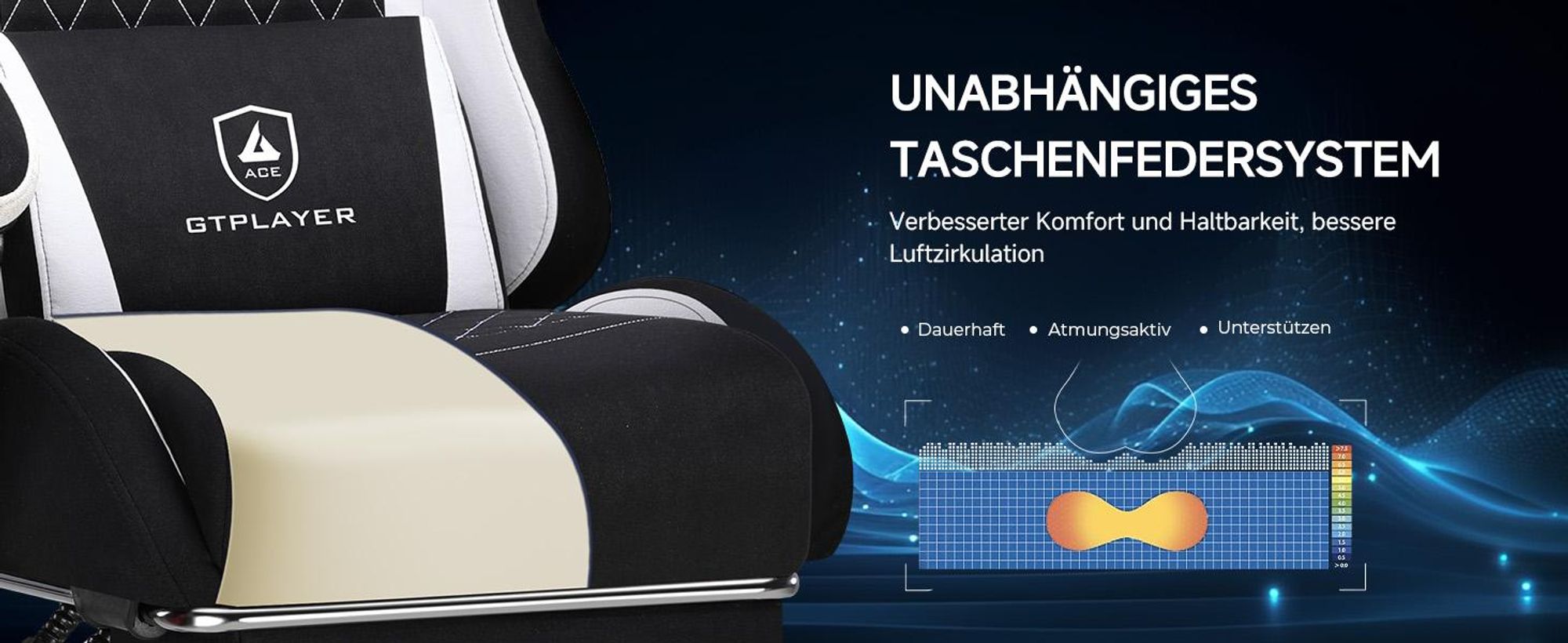 GTPLAYER Gaming Stuhl, Ergonomischer Gamer Stuhl aus Stoff mit Lendenwirbelstütze, PC-Stuhl mit verbreiterter Rückenlehne, Belastbar bis 150 kg, Schwa