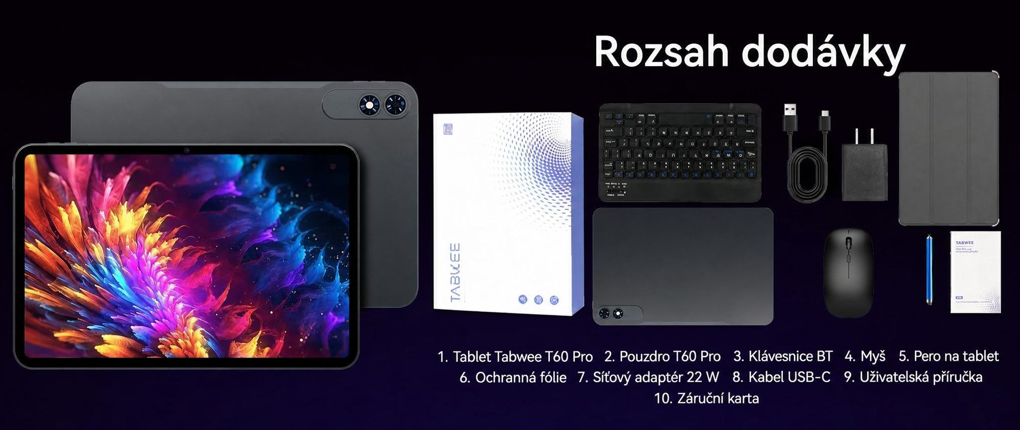 T60Pro, 13,4palcový tablet s Androidem 16, 24 GB (8 + 16) + 256 GB / 2 TB (podpora karty TF), baterie 10000 mAh, 2K displej InCell / 120 Hz / 5G WiFi, včetně pouzdra, myši, klávesnice a kabelových sluchátek