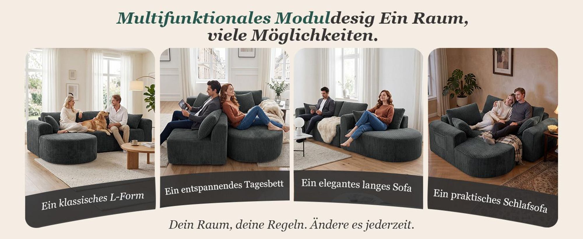 Sofa Ecksofa mit Schlaffunktion, Corduroy Modulares Boneless Couch mit Chaiselongue, L-Form Schlafsofa, Sektionssofas mit Kissen & Seitentaschen 243cm
