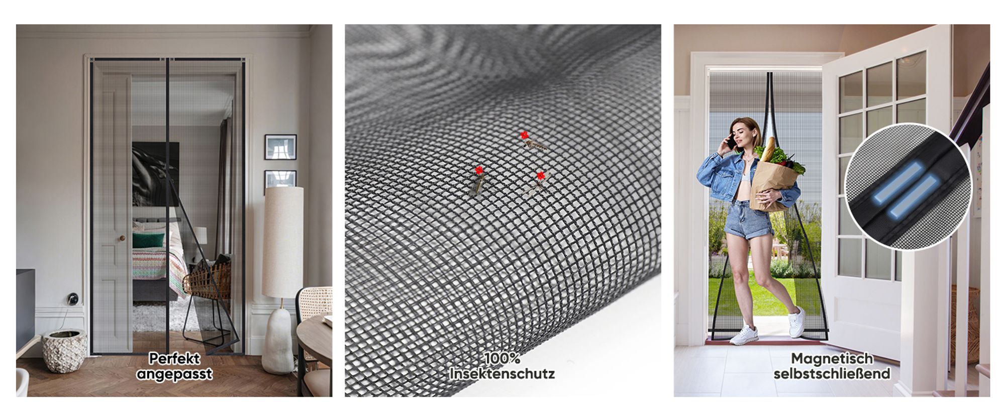 Magnetisches Fliegengitter für Türen 155x245cm, Schwarz, 100% Insektenschutz, Zuschneidbar, Klettverschluss, Einfach Montage ohne Bohren