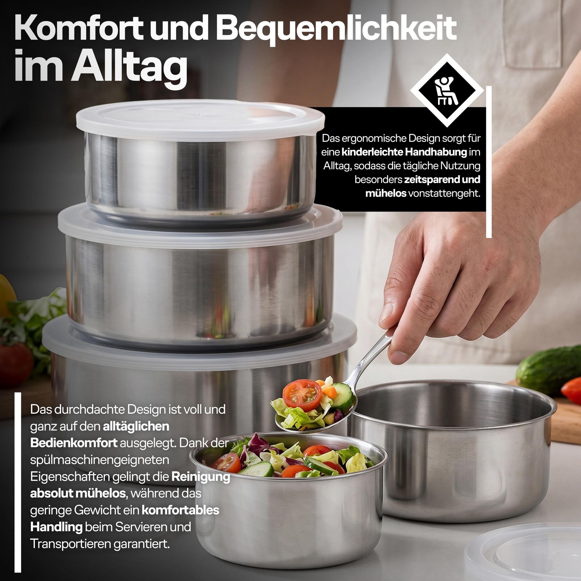 Lebensmittelbehälter mit Deckel 5-tlg Lunchbox Set aus Edelstahl Frühstückstasse Suppenschüssel Aufbewahrungsdosen Frischhaltedosen Silber Retoo