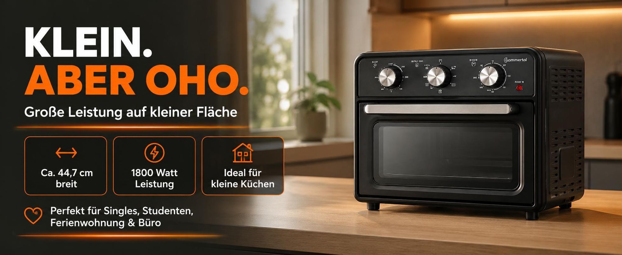 Sommertal Minibackofen 20 Liter mit Umluft & Heißluftfritteuse, 1800W Tischbackofen, Backen, Grillen & Pizza, Airfryer Funktion, 100–230°C