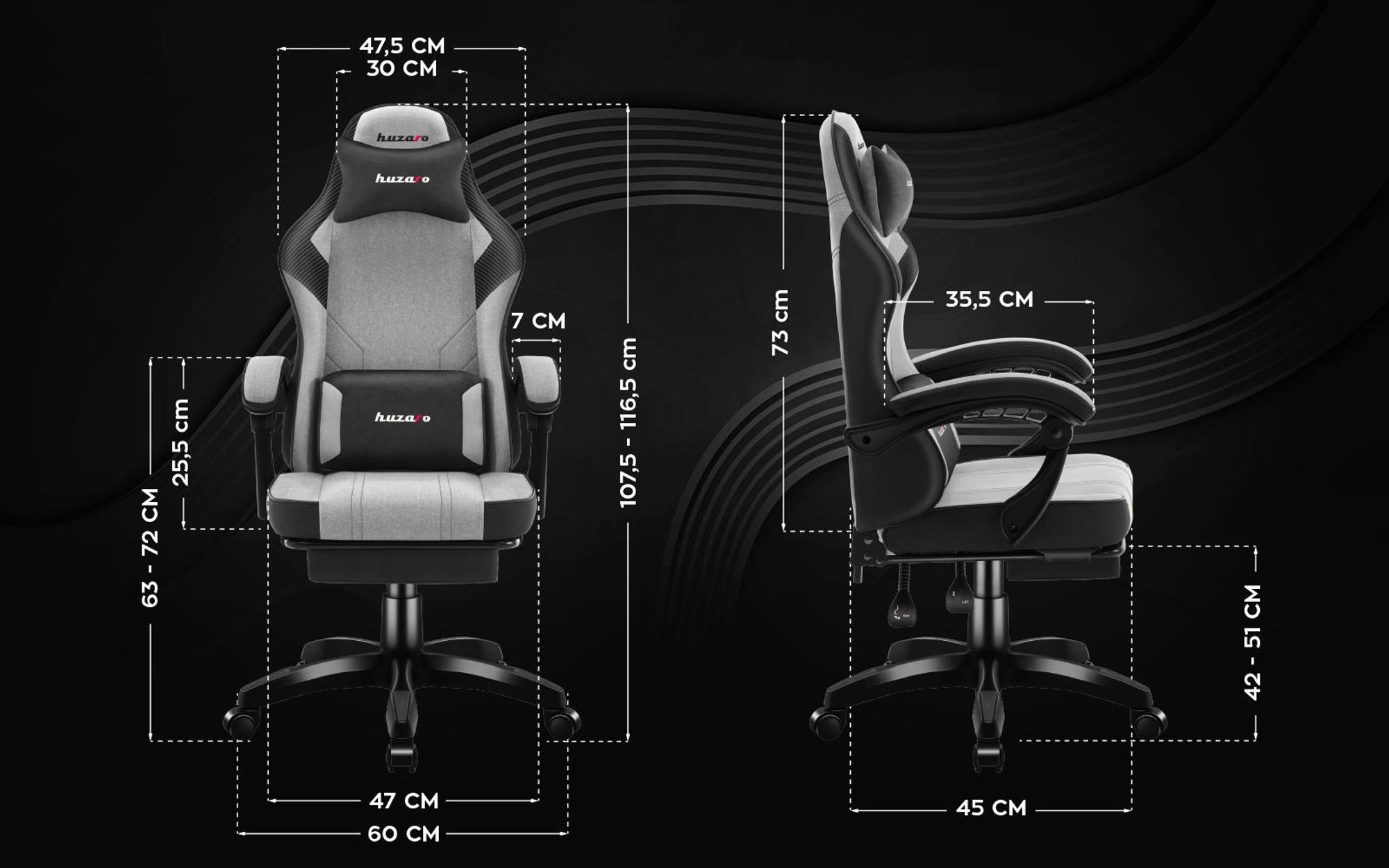 Huzaro Force 3.7 Grey Gaming-Stuhl mit ergonomischem Design, verstellbarem Armlehnen und hochbelastbarem Stoff