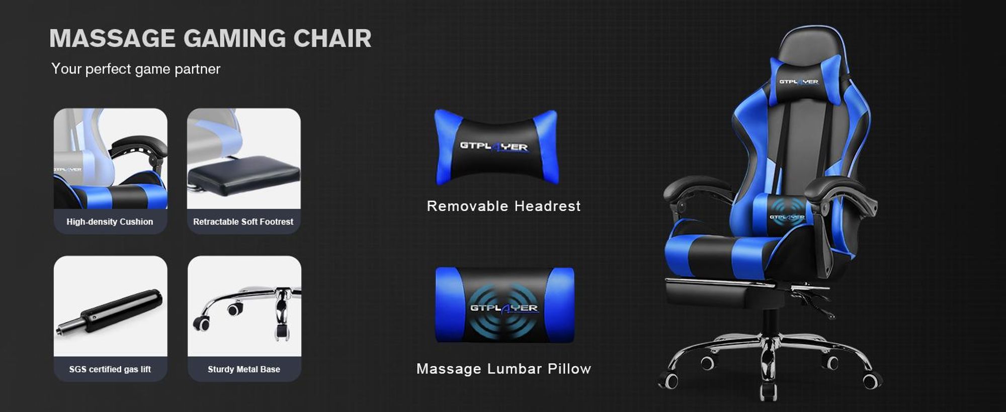 GTPLAYER Chaise de jeu avec repose-pieds et coussin lombaire de massage Chaise de bureau Chaise de jeu ergonomique supporter jusqu'à 150kg BLEU