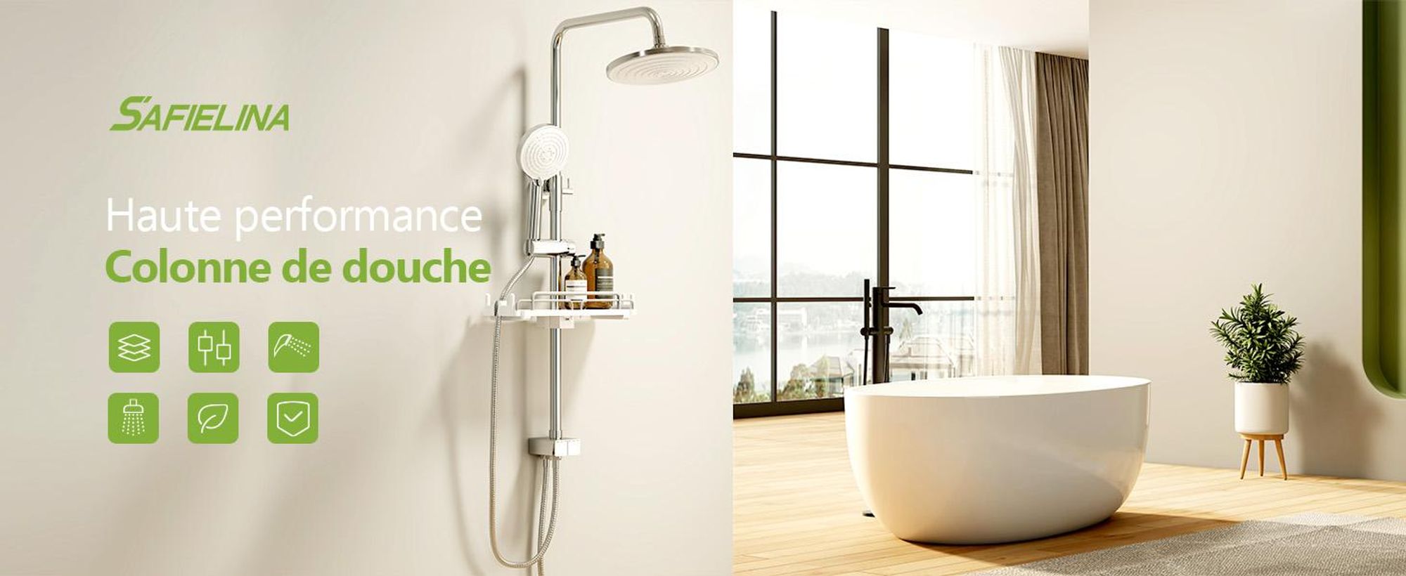 S'AFIELINA Colonne de douche sans robinetterie Système de douche avec 3 jets Douche à main et douche de tête Etagère escamotable Réglable en hauteur