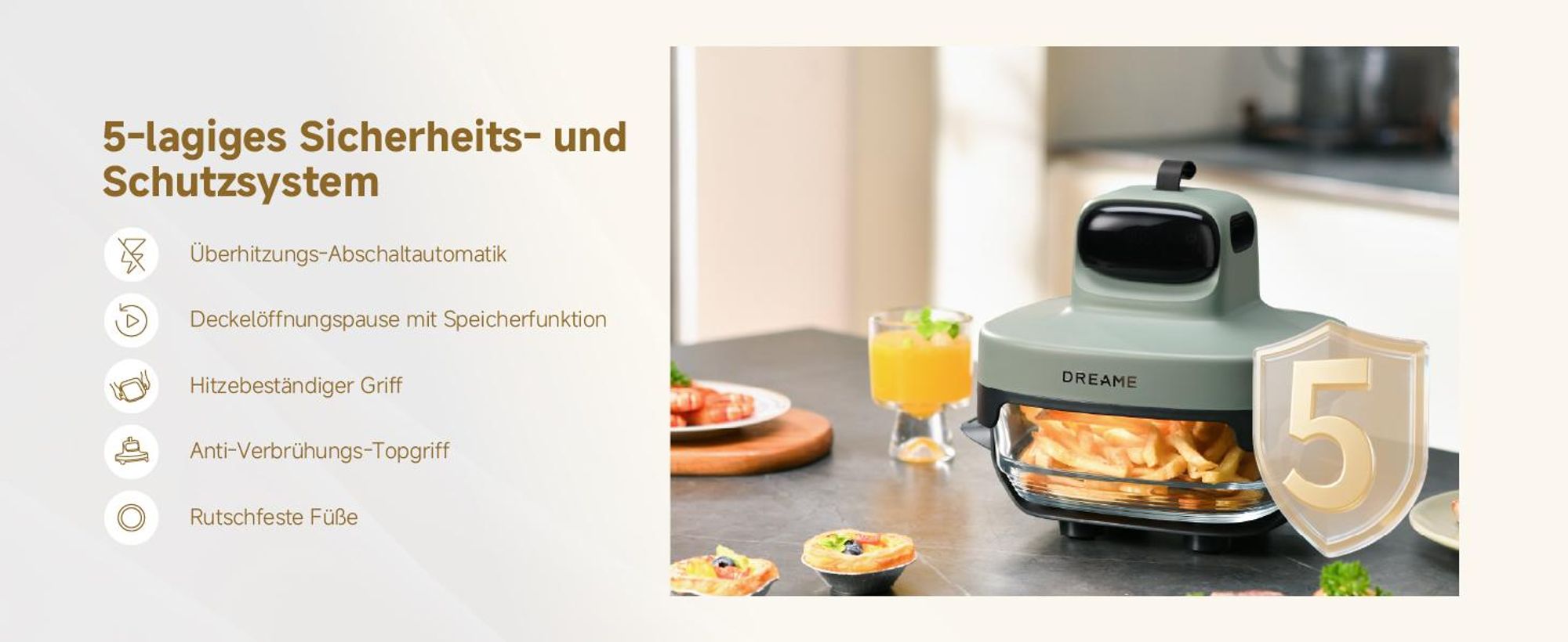 Dreame Tasti AirFryer 5-in-1 Heißluftfritteuse,6mm starkes,tragbares Borosilikatglas,3D-Heißluftzirkulation,spülmaschinenfest,360°Sicht,2.5l+4.5l,Grün