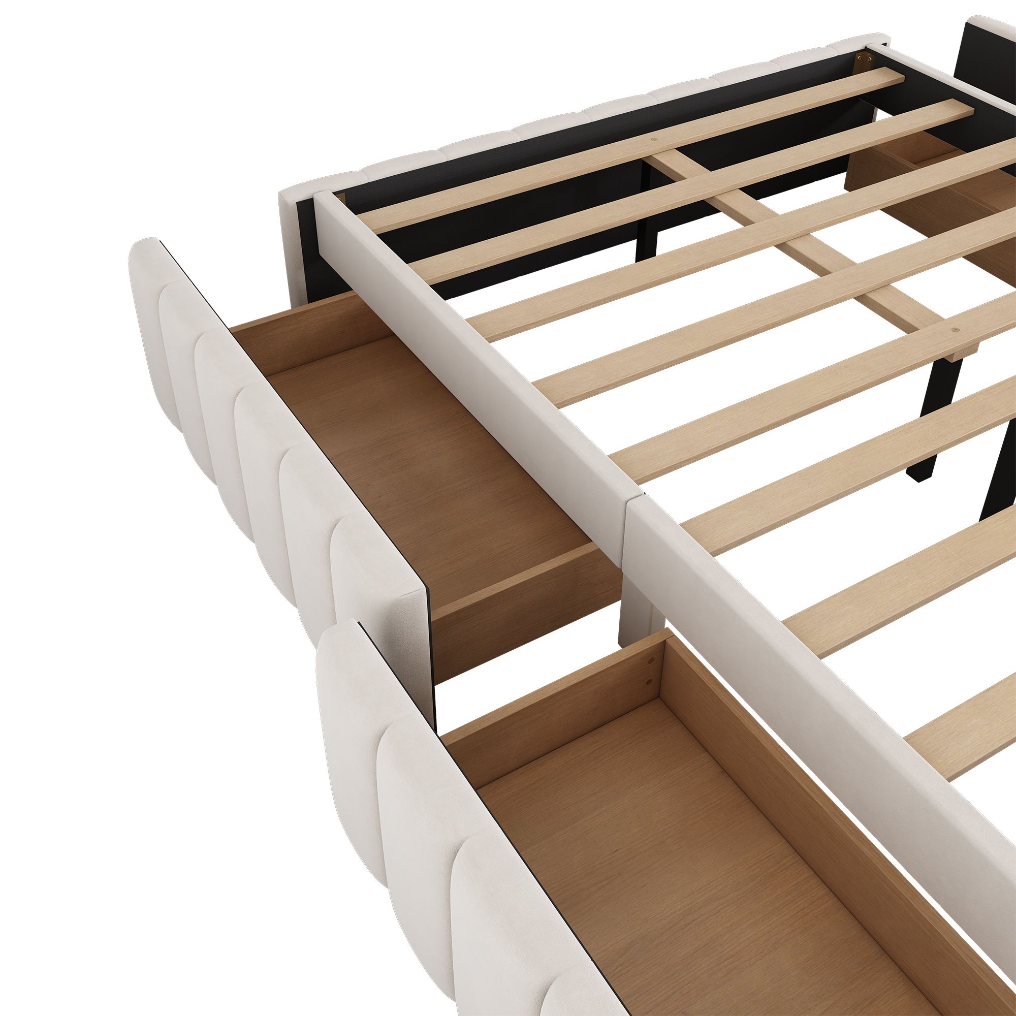 Flieks Polsterbett 140x200cm ohne Kopfteil, Stauraumbett Jugendbett mit 4 Schubladen, Doppelbett Holzbett Funktionsbett mit Lattenrost, Samt, Beige