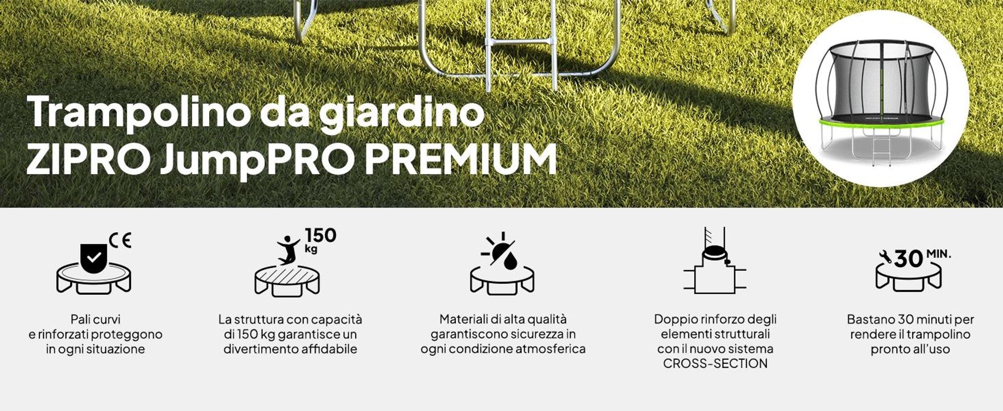 ZIPRO Trampolino Jump Pro Premium | 10FT Ø 312 cm | Trampolino da giardino Trampolino per bambini Set completo incl. rete, scaletta e copertura perimetrale, per esterni, verde