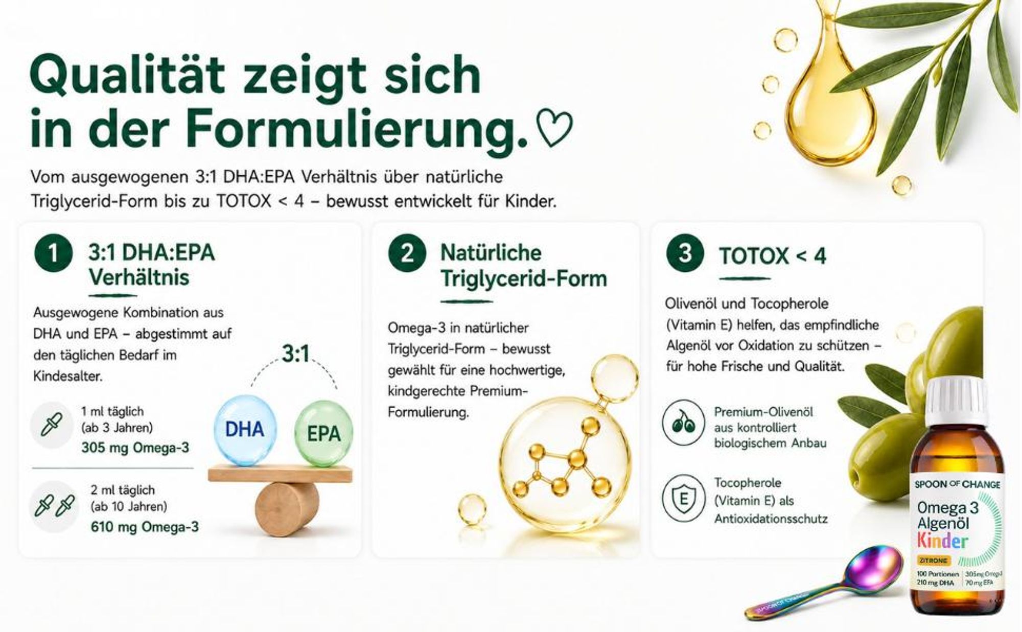 Omega-3 Algenöl Kinder ab 3 - DHA & EPA + Vitamin D3 - ohne Fischgeschmack - 100 Portionen -mit Regenbogenlöffel - 305 mg Omega 3 pro Tag
