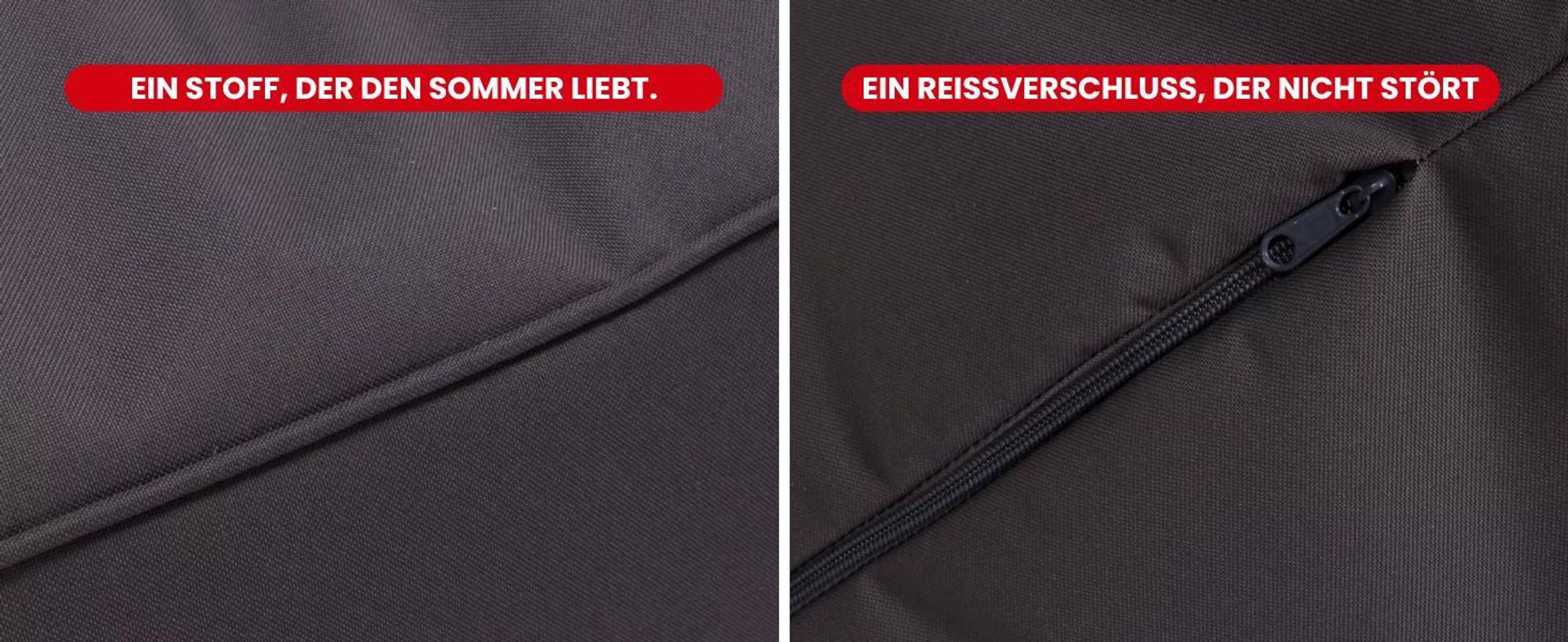 Nahaufnahme des wetterfesten Outdoor-Stoffs eines Sitzsacks mit sichtbarem Reißverschluss.