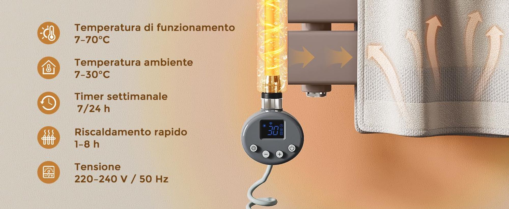 S'AFIELINA elemento riscaldante con termostato 300W, timer programmabile e display LCD, WiFi, per radiatori da bagno, acciaio inox, controllo intelligente, antracite