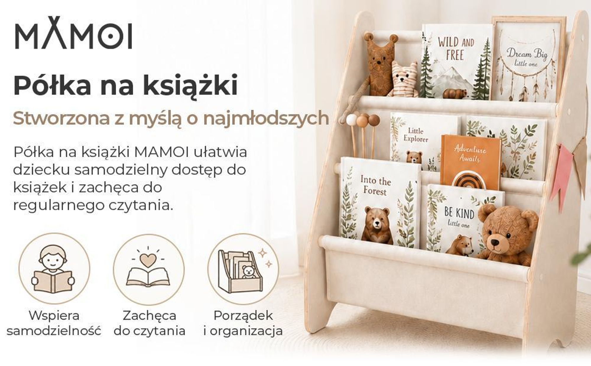 MAMOI® regał dla dzieci, regał do pokoju dziecięcego, półka na książki, półka na książki, półka ścienna dla dzieci, półka na książki dla dzieci, drewniana ławka na książki dla malucha, meble dziecięce dla małego dziecka