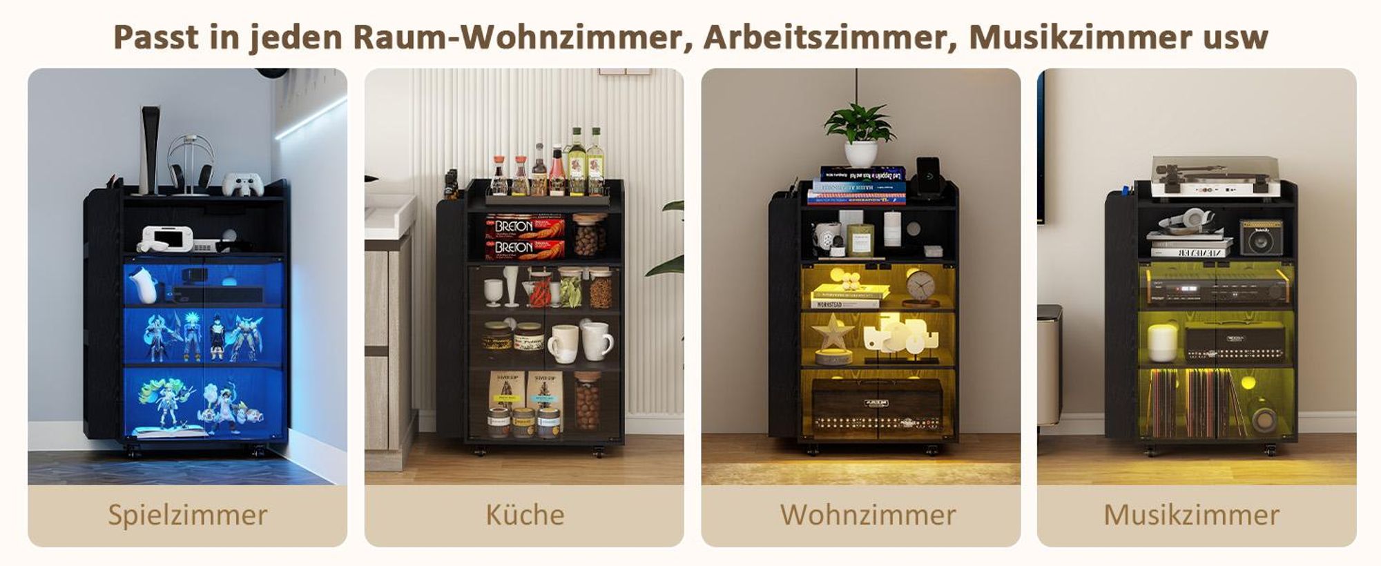 Puluomis Schallplattenschrank mit LED RGB Beleuchtung, Steckdosenleiste, Wohnzimmerschrank mit Rollen, Magnetdruckverschlüsse, Verstellbare Böden