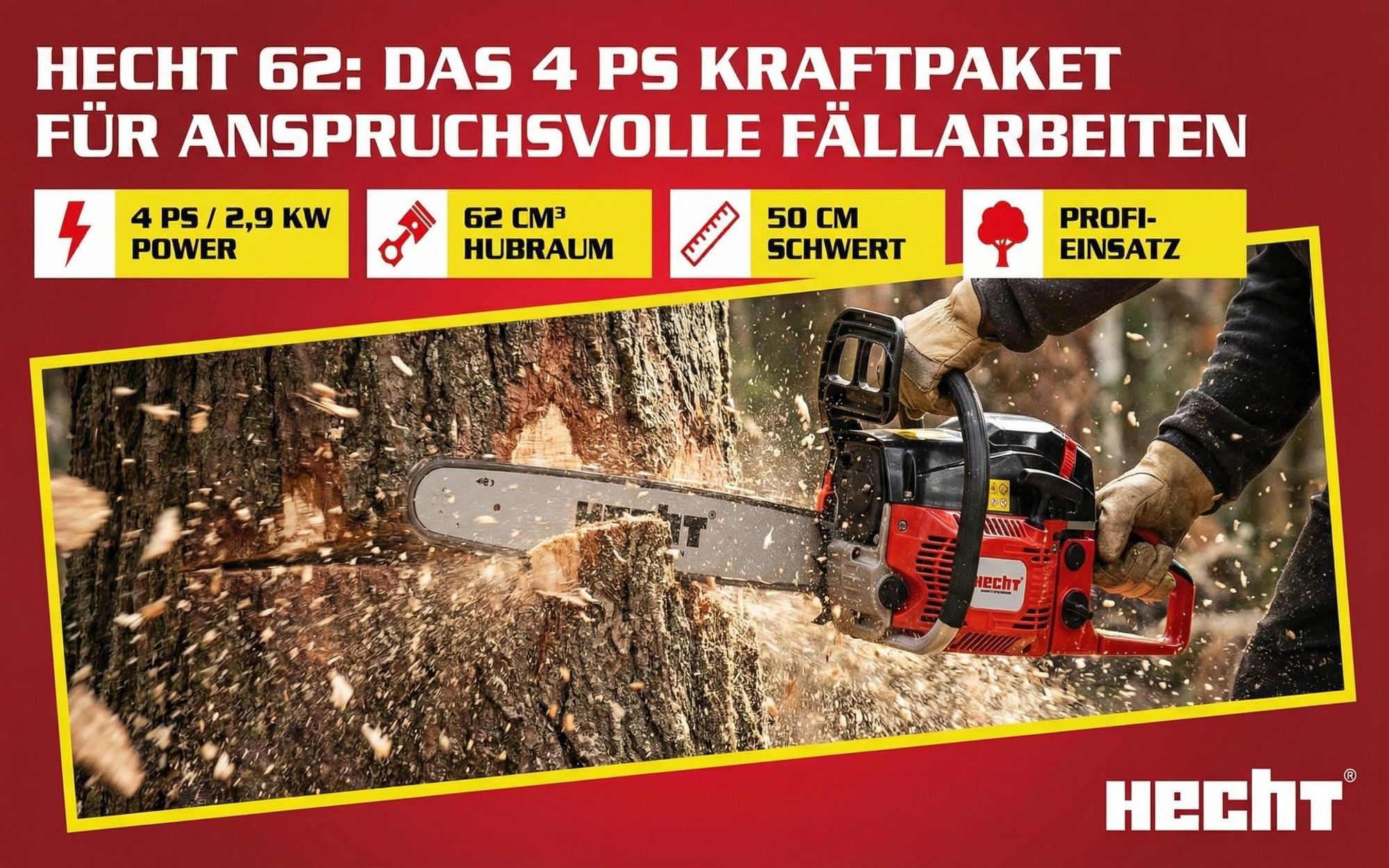 Kettensäge Motorsäge Benzin HECHT 62 | 45cm Schwert 40cm Schnitt Länge | 2,9kW / 4PS | S20,8 m/s | Baumkralle & Umlenkstern