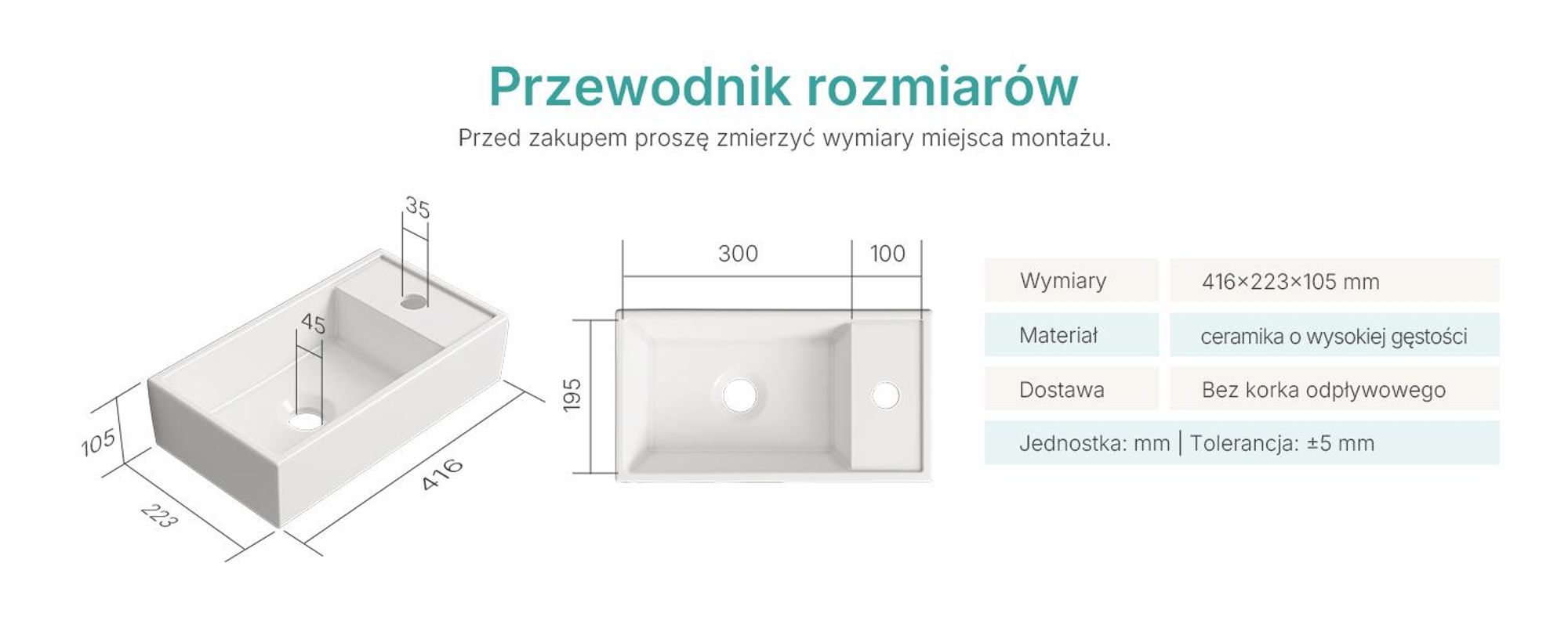 EMKE Umywalka nablatowa ceramiczna prostokątna 410x220mm biała błyszcząca z otworem na baterię, nowoczesny design do łazienki i WC dla gości