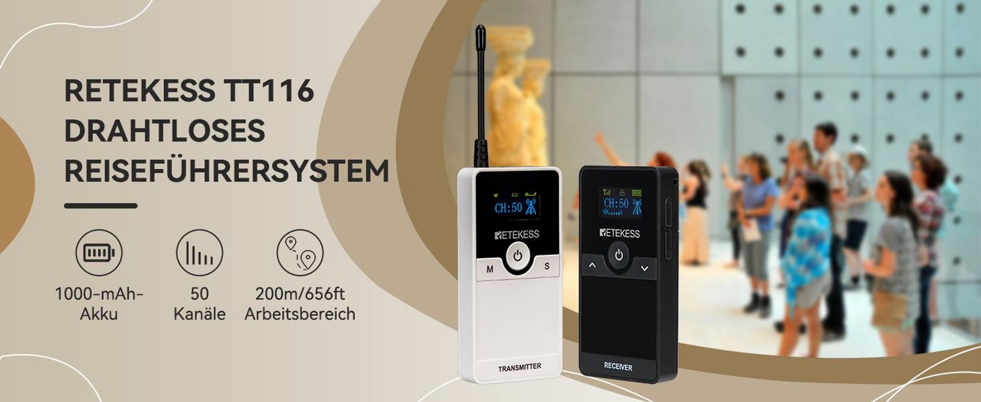 Retekess TT116 Tour guide system , 50-Kanal-Dolmetschersystem, 200 m Lärmreduzierung, Kabelloses Audio System für Tourismus, Kirche, Fabrik, Konferenz