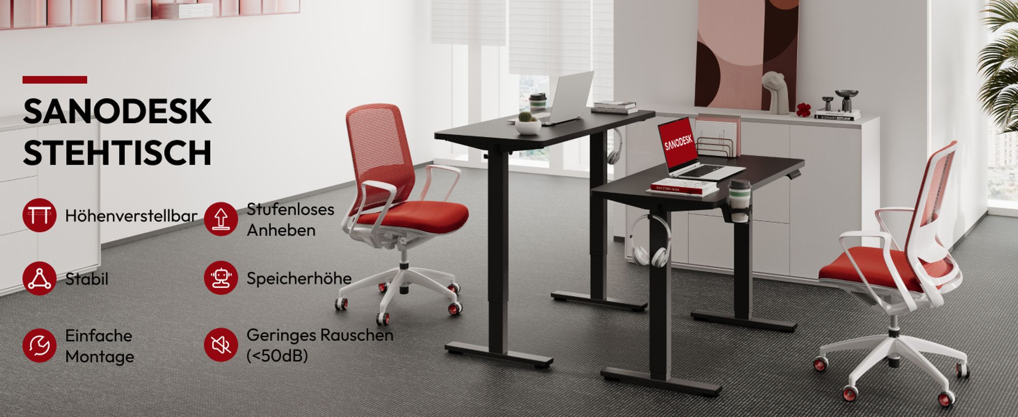 SANODESK Höhenverstellbarer Schreibtisch elektrisch 4 Memory-Funktion Antikollisionsschutz, 70kg Tragkraft, mit Haken und Ablagebox 110x54cm(Schwarz)