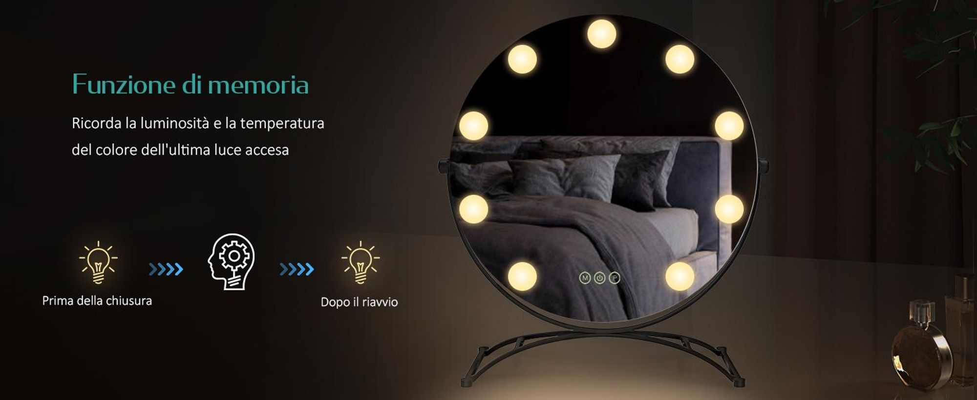 Specchio cosmetico EMKE Hollywood 47X40cm Specchio da trucco rotondo con illuminazione a LED e ingrandimento 7x, 3 colori di luce dimmerabili, nero