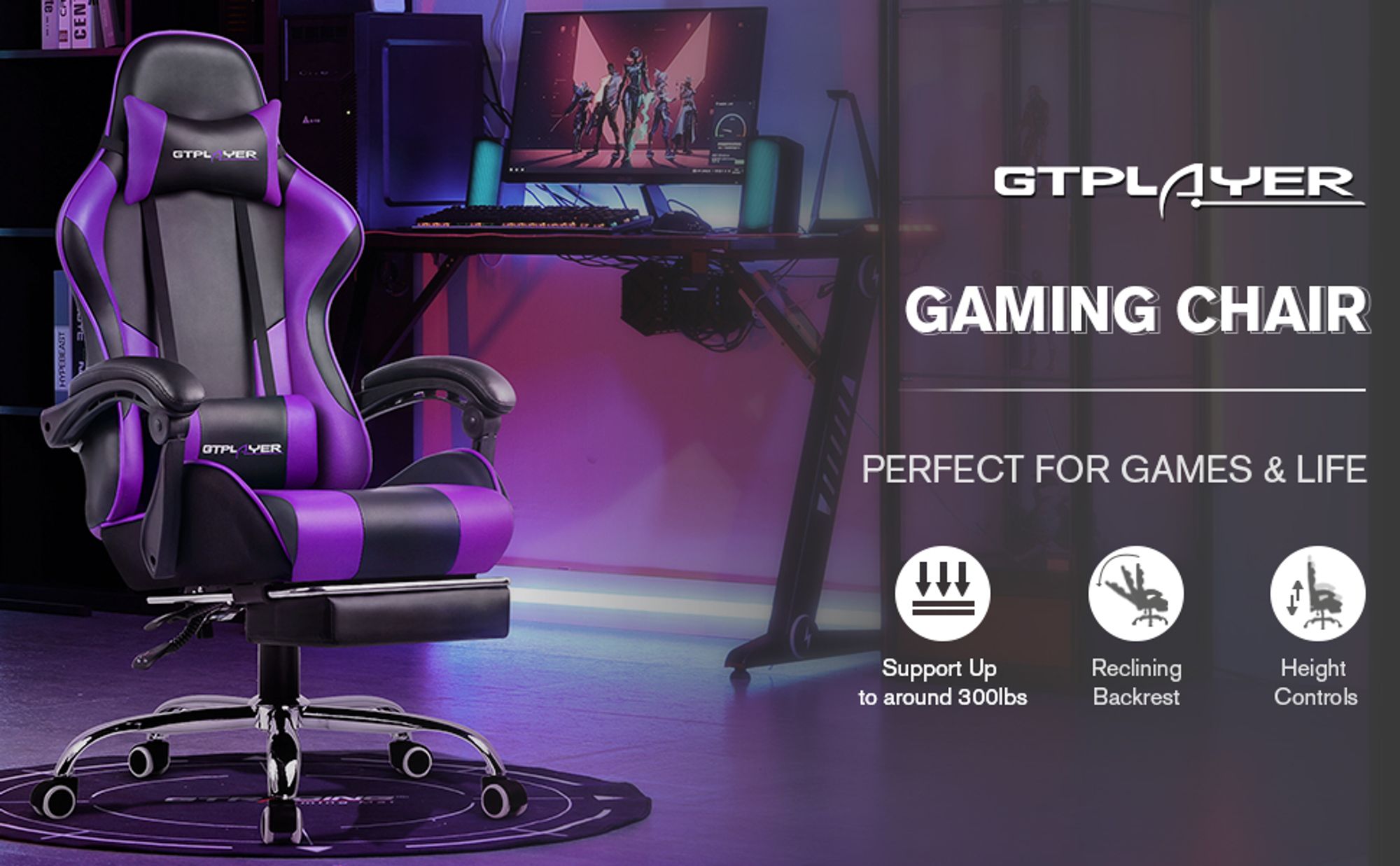 GTPLAYER Gaming-Stuhl Schreibtischstuhl, Ergonomischer Bürostuhl Mit Massagefunktion und Fußstütze, Gestänge Handlauf, Fußkreuz aus Stahl, Violett