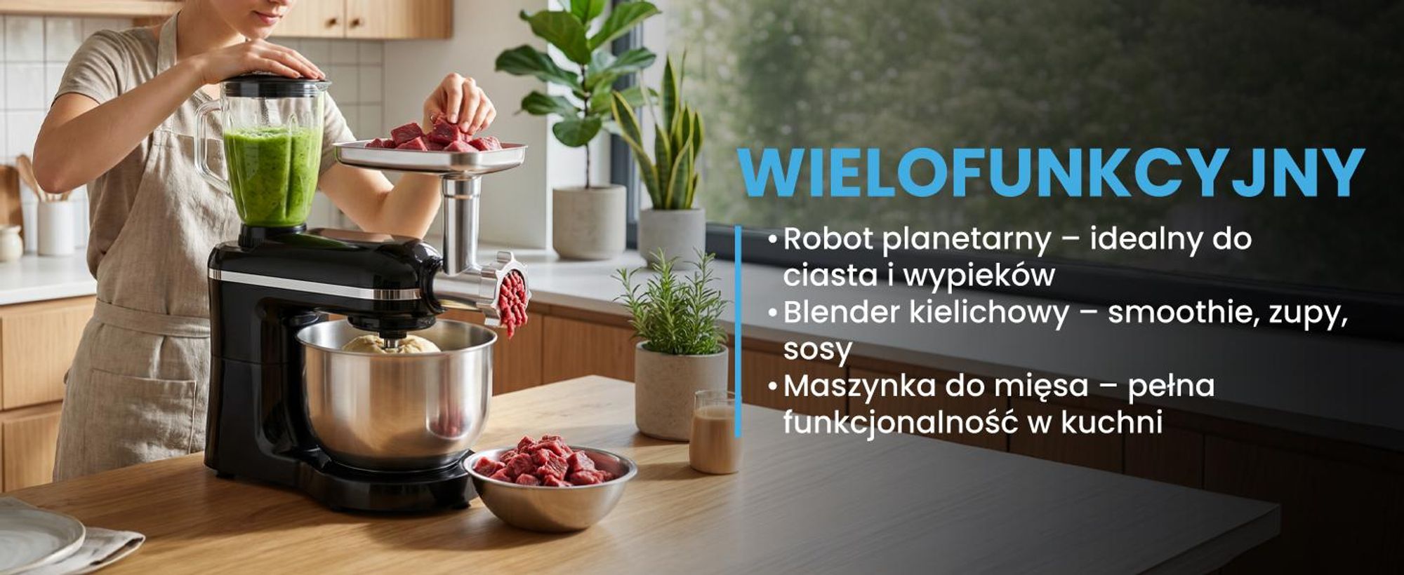 Wielofunkcyjny robot kuchenny z maszynką do mięsa, ubijaniem, miksowaniem i wyrabianiem ciasta