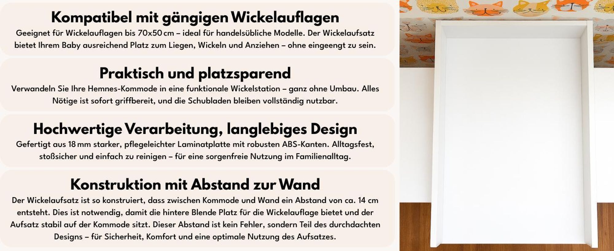 regalik Wickelaufsatz für Malm von IKEA, Wickeltischaufsatz für 48 cm Kommoden, Abnehmbar Wickelkommode aufsatz, Gerade Frontplatten, Oak, 72cm x 54cm