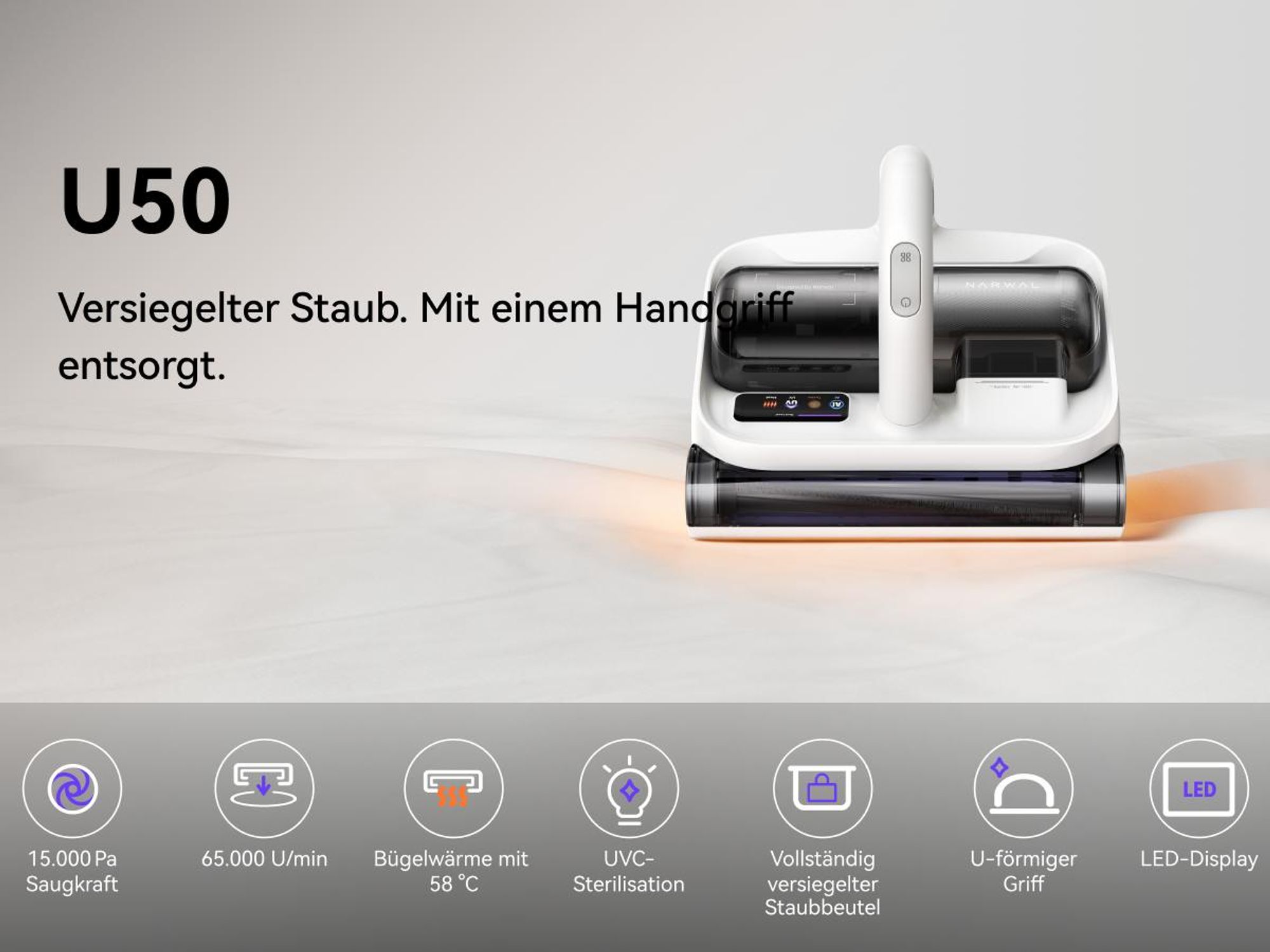 NARWAL U50 Matratzenstaubsauger, 15 kPa, 58 °C, 65.000 Schläge/min, 1,9 kg, UV-C, 4 m Kabel