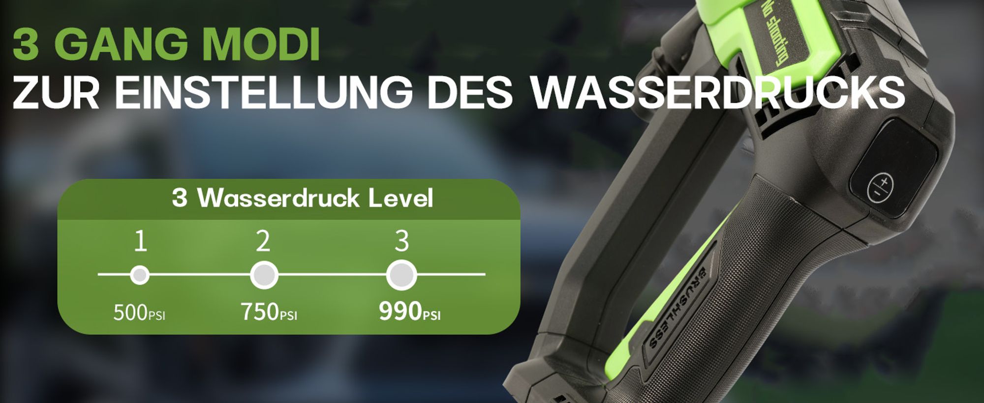 Akku Hochdruckreiniger mit 2 x 3000mAh Akkus, Tragbarer Hochdruckreiniger mit 3 Gang Einstellbar, KFZ-Reiniger - Für Auto Gärten Terrasse Zaun