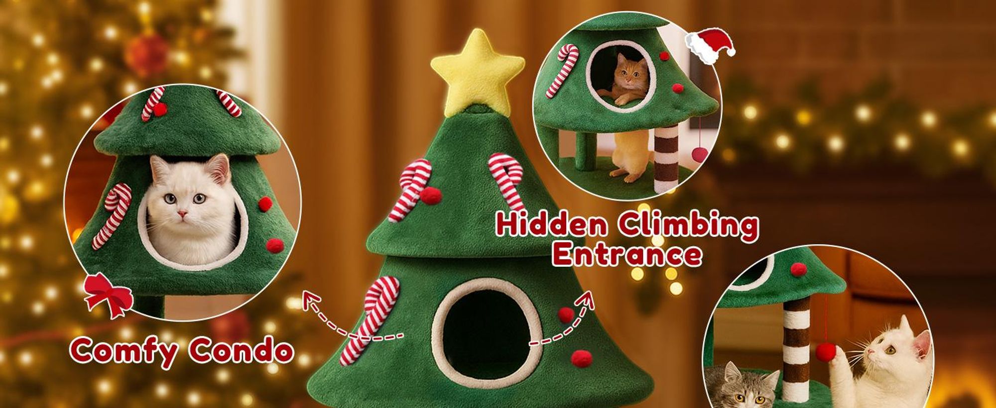 COMHOMA tiragraffi alto 144 cm con design ad albero di Natale, albero per gatti a più piani con casetta per gatti, piattaforme e palline da gioco, stabile albero da arrampicata per gatti