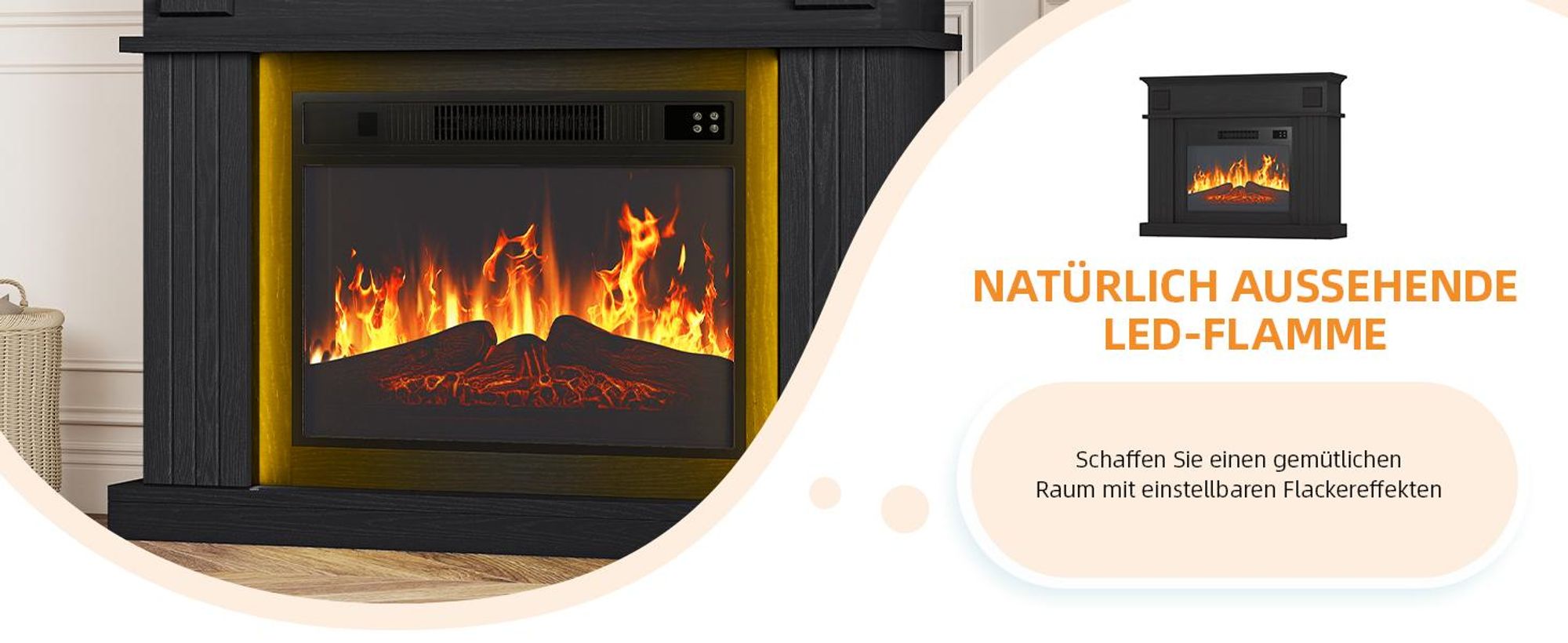 Elektrokamin 2000W Elektrischer Kamin bis 30 m², mit 3D-Flammeneffekt, 24-Farben-LED Dekokamin, 100 x 26 x 80 cm, Schwarz